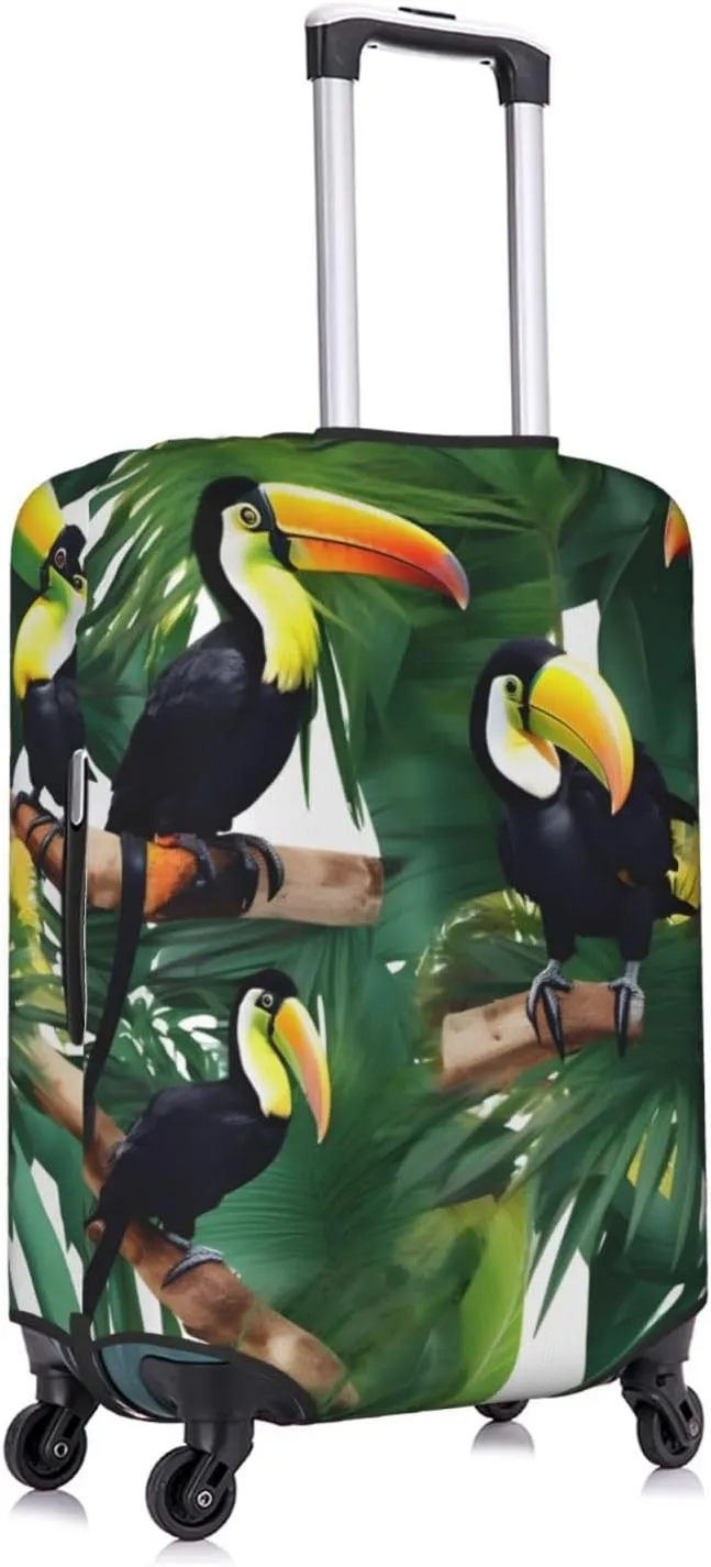 Toucans Parrot palm tree leaves Print Practical Elastic Washable Travel Luggage Cover with Concealed Zipper for Suitcases