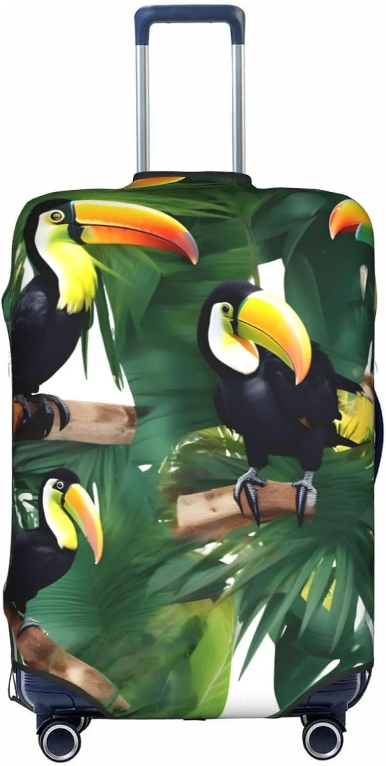 Toucans Parrot palm tree leaves Print Practical Elastic Washable Travel Luggage Cover with Concealed Zipper for Suitcases