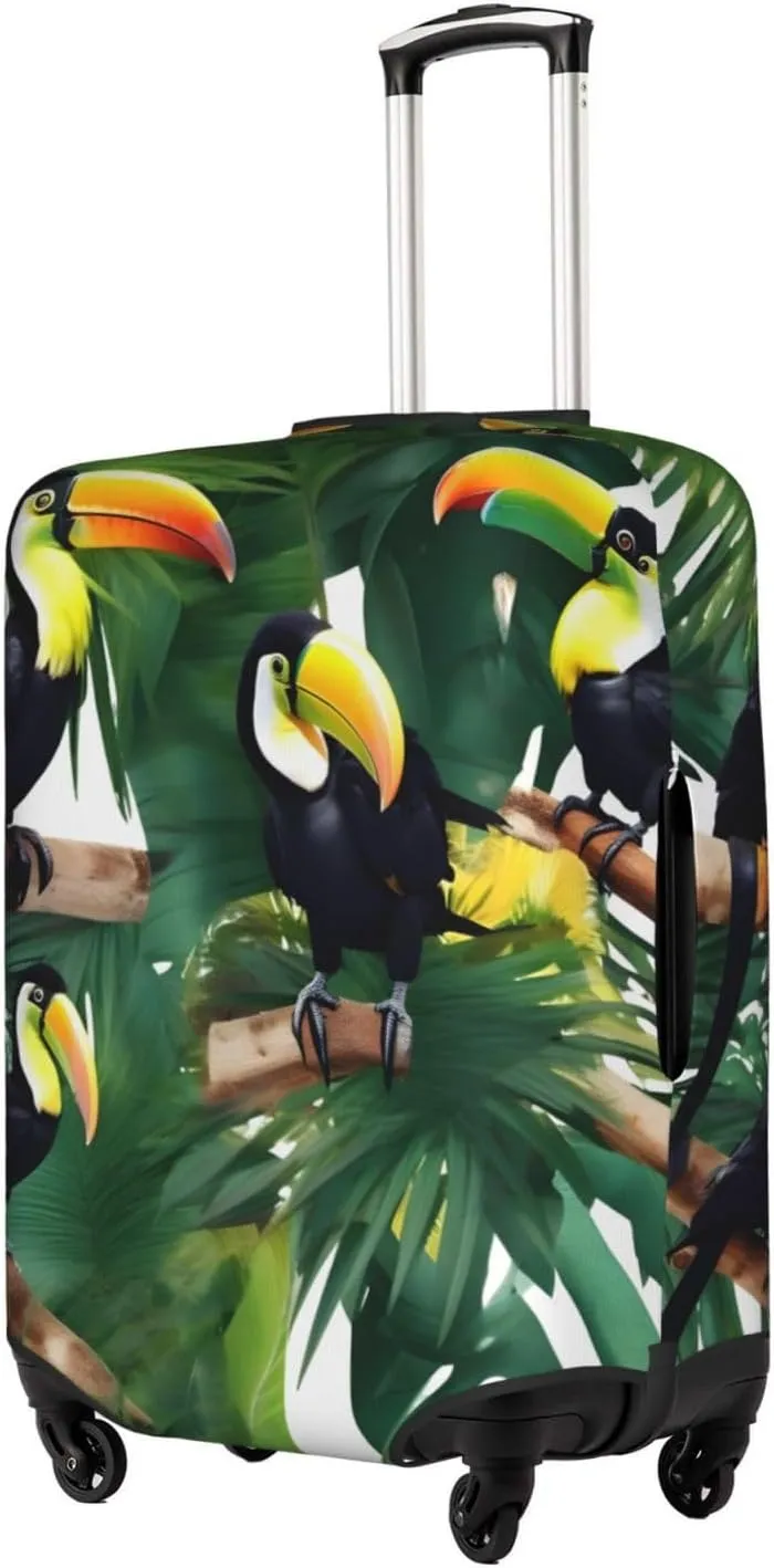 Toucans Parrot palm tree leaves Print Practical Elastic Washable Travel Luggage Cover with Concealed Zipper for Suitcases