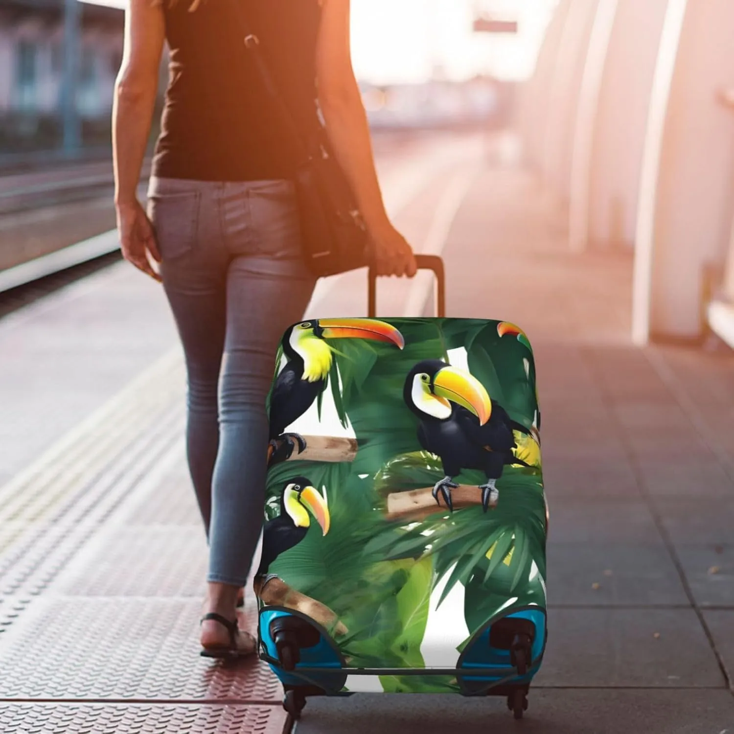 Toucans Parrot palm tree leaves Print Practical Elastic Washable Travel Luggage Cover with Concealed Zipper for Suitcases