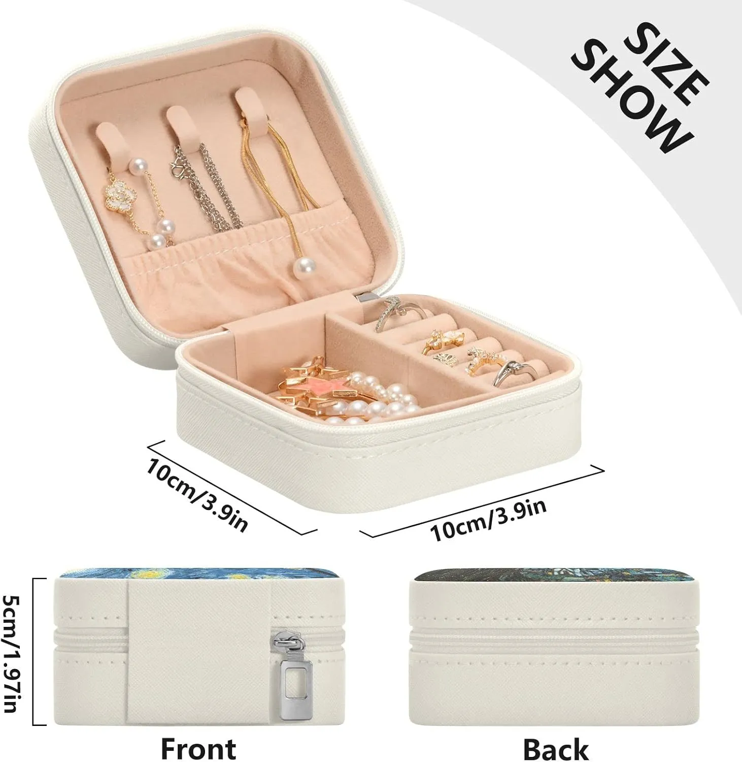 Travel Jewelry Case Box Small Mini Jewelry Organizer Display Storage for Ring Earrings Necklace Girls Women Men Starry Night Blue Beige