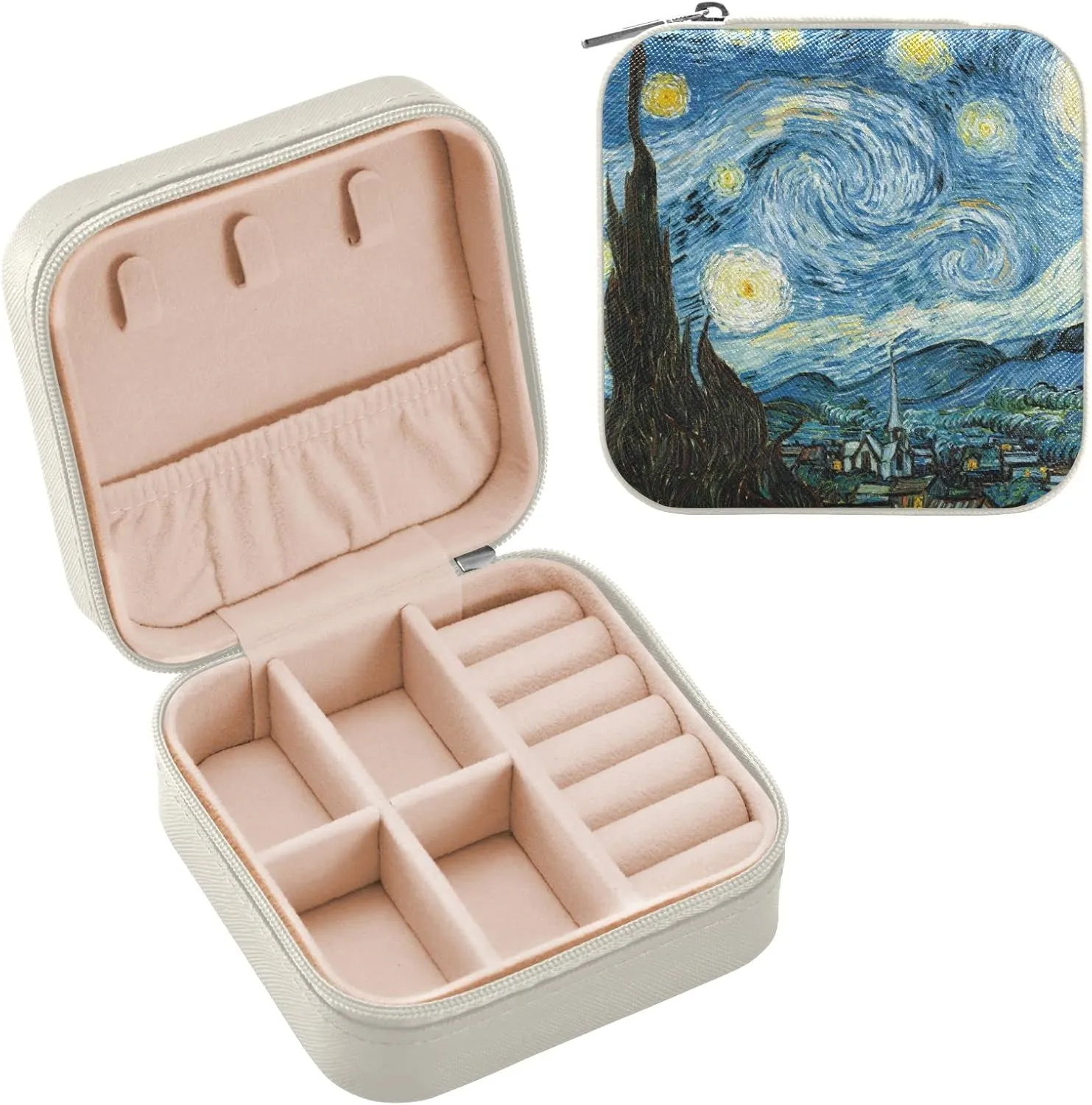 Travel Jewelry Case Box Small Mini Jewelry Organizer Display Storage for Ring Earrings Necklace Girls Women Men Starry Night Blue Beige
