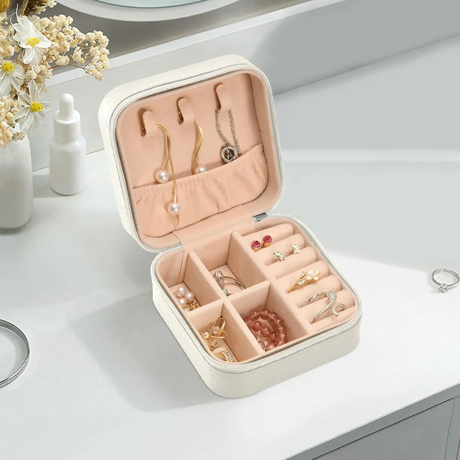 Travel Jewelry Case Box Small Mini Jewelry Organizer Display Storage for Ring Earrings Necklace Girls Women Men Starry Night Blue Beige