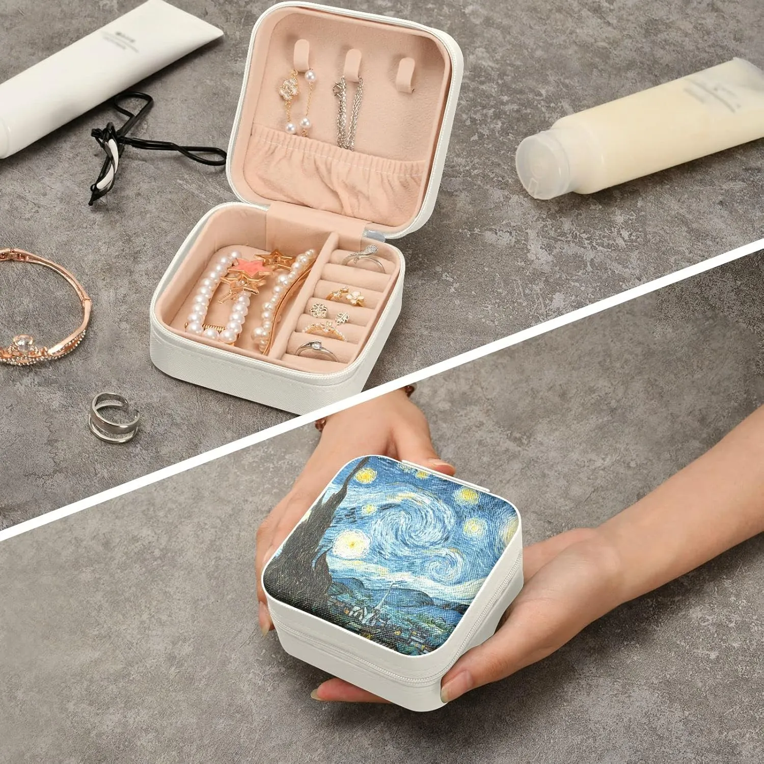 Travel Jewelry Case Box Small Mini Jewelry Organizer Display Storage for Ring Earrings Necklace Girls Women Men Starry Night Blue Beige