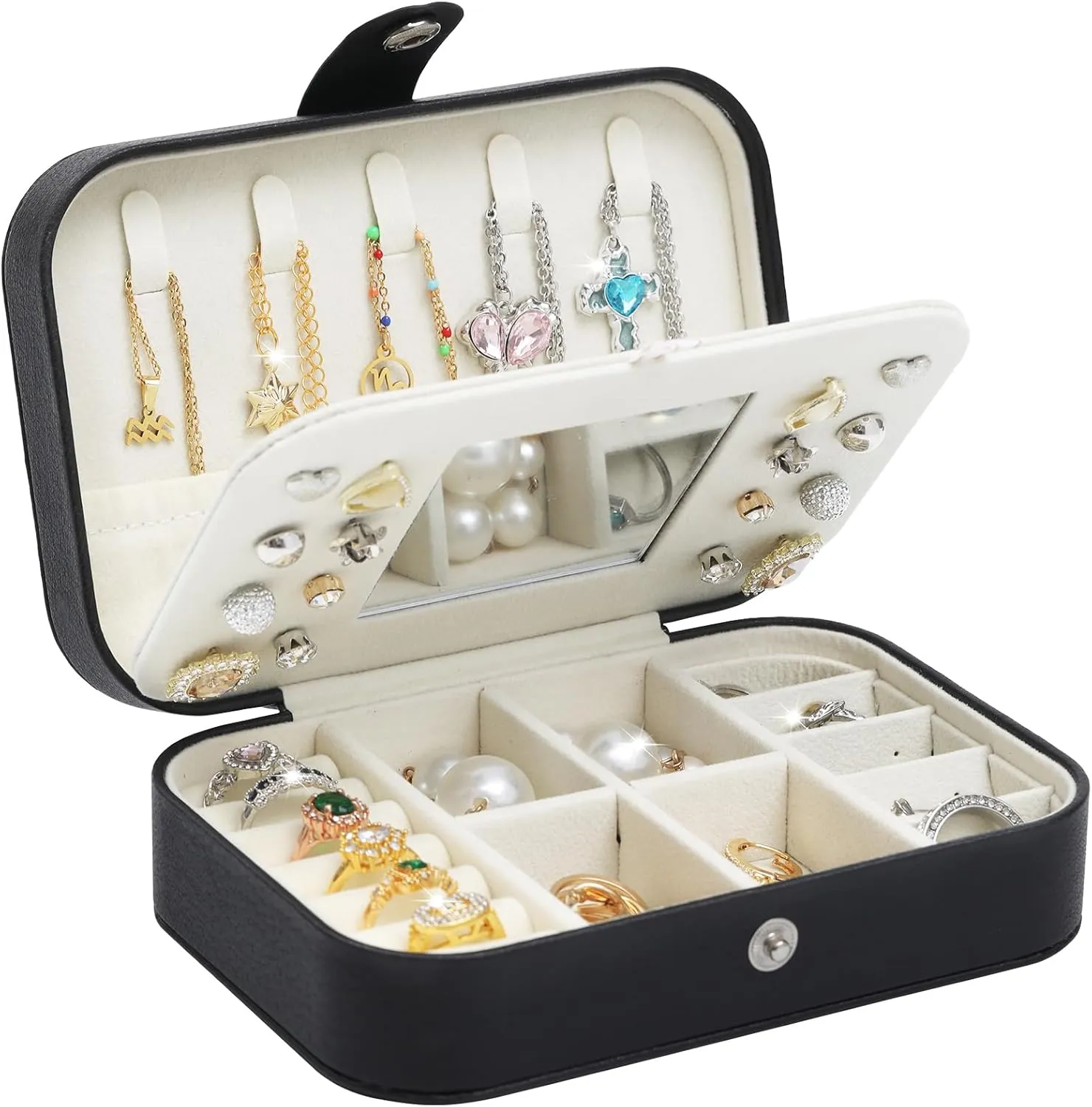 Travel Jewelry Case with Mirror, Small Jewelry Box for Women, Portable Jewelry Organizer Travel, Black Travel Jewelry Case Organizer for Necklaces, Earrings, Bracelets, Lover Gift for Men Women