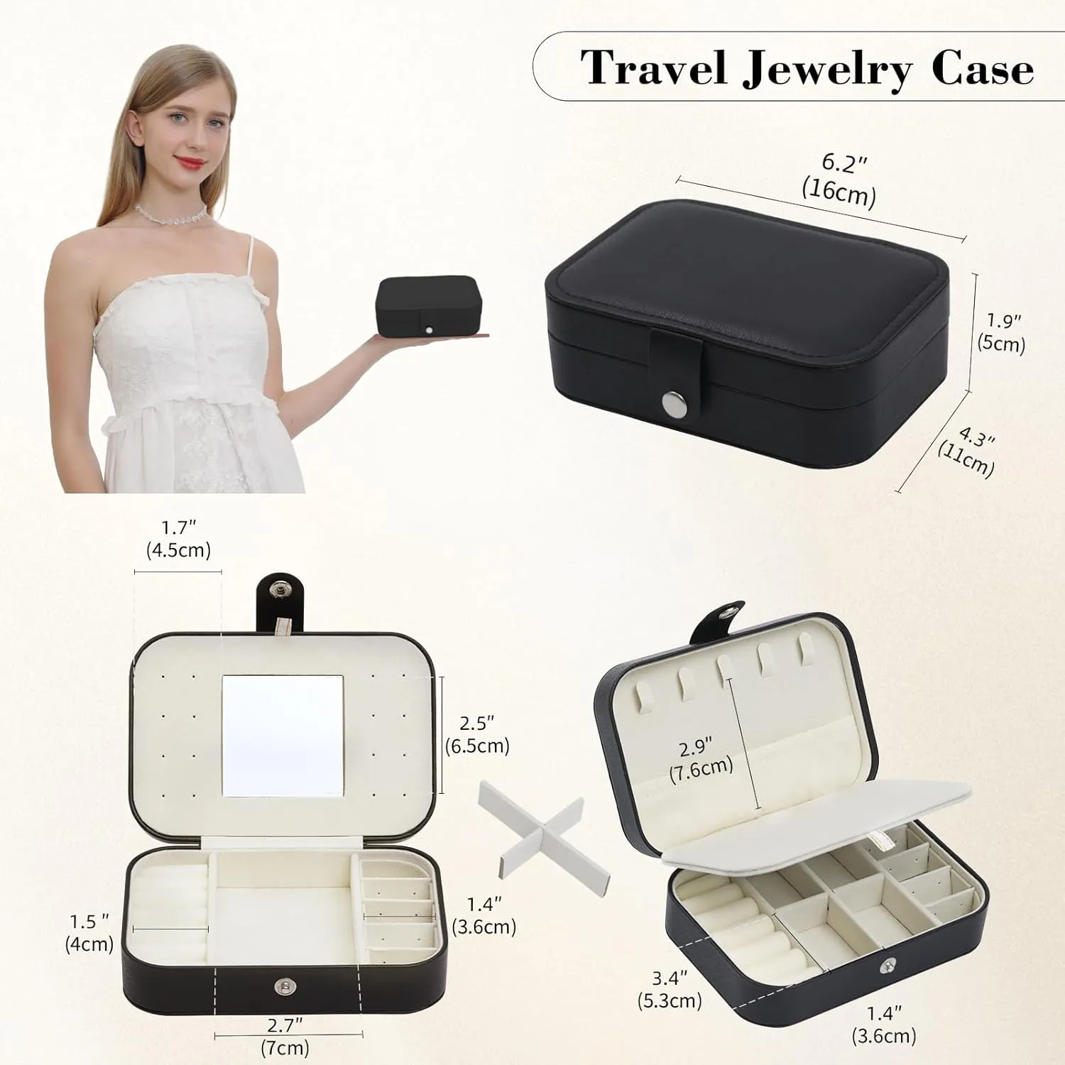 Travel Jewelry Case with Mirror, Small Jewelry Box for Women, Portable Jewelry Organizer Travel, Black Travel Jewelry Case Organizer for Necklaces, Earrings, Bracelets, Lover Gift for Men Women