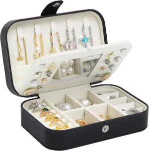 Travel Jewelry Case with Mirror, Small Jewelry Box for Women, Portable Jewelry Organizer Travel, Black Travel Jewelry Case Organizer for Necklaces, Earrings, Bracelets, Lover Gift for Men Women