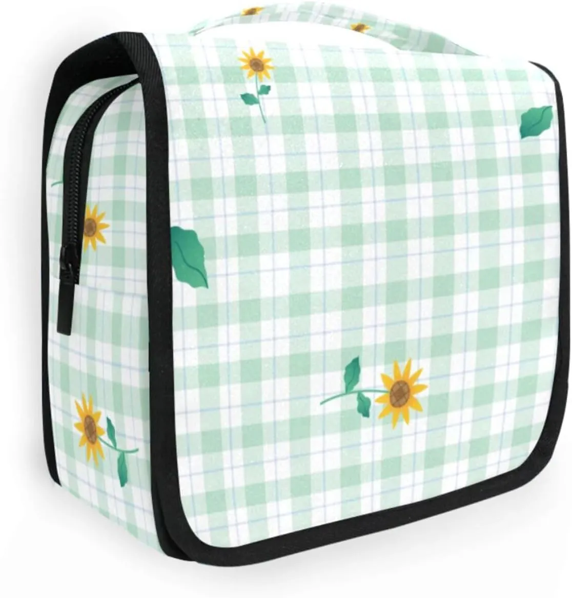 Travel Toiletry Bag Cosmetic Bag Sunflower Green Mint Gingham Portable Hanging Cosmetic Case Traveling With Leakproof Compartment Makeup Toiletries Cosmetic Organizer for Men Women