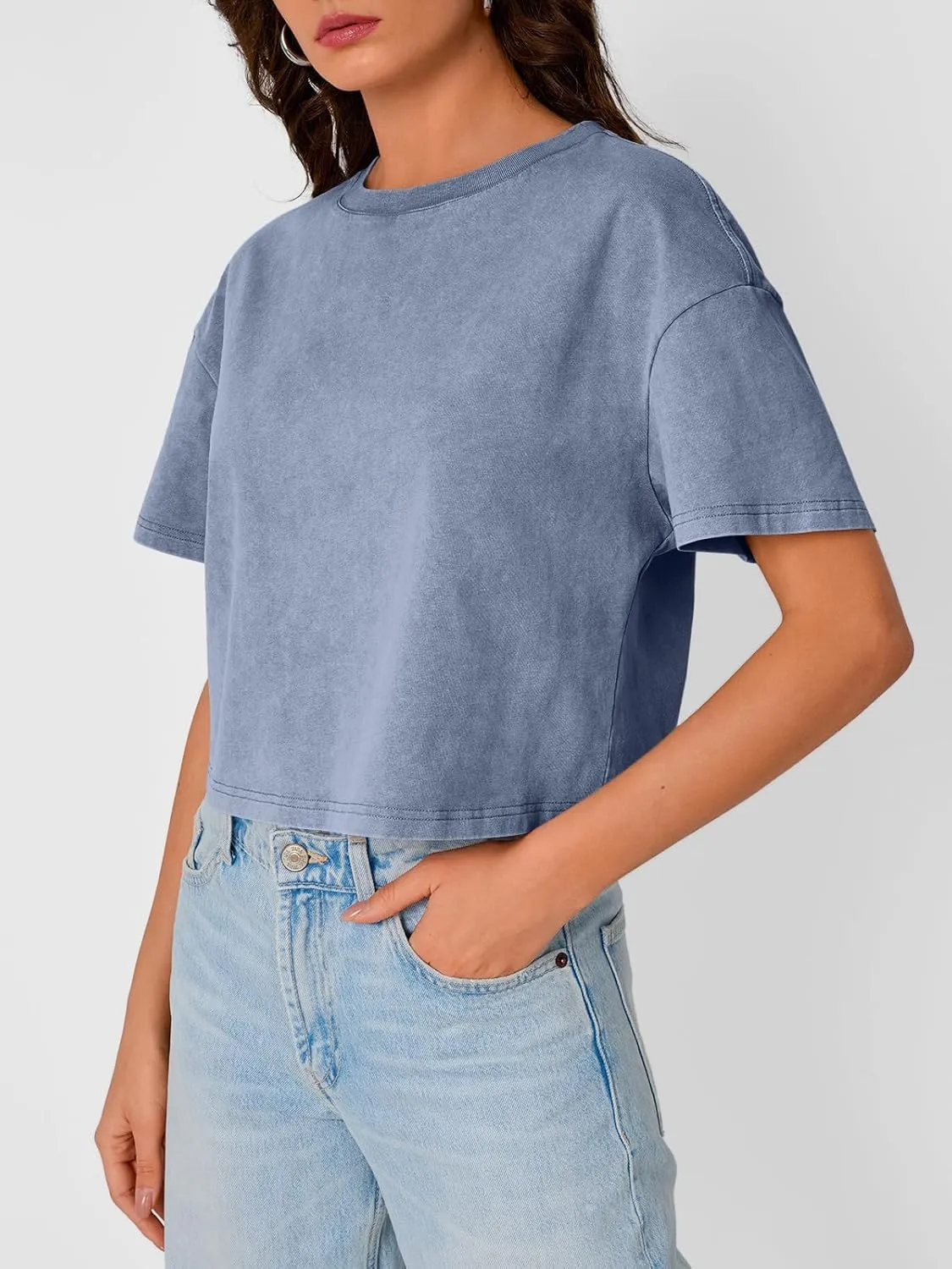Trendy Queen Womens Crop Tops Short Sleeve T-Shirts Acid Wash Casual Summer Clothes Trendy Comfy 2025 Workout Baggy Soft Tees