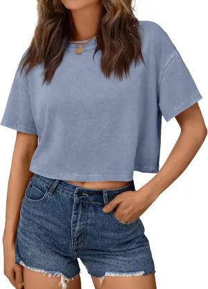 Trendy Queen Womens Crop Tops Short Sleeve T-Shirts Acid Wash Casual Summer Clothes Trendy Comfy 2025 Workout Baggy Soft Tees
