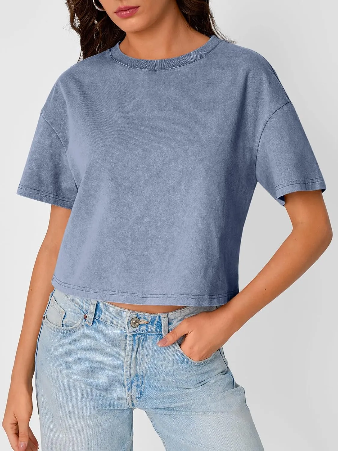 Trendy Queen Womens Crop Tops Short Sleeve T-Shirts Acid Wash Casual Summer Clothes Trendy Comfy 2025 Workout Baggy Soft Tees