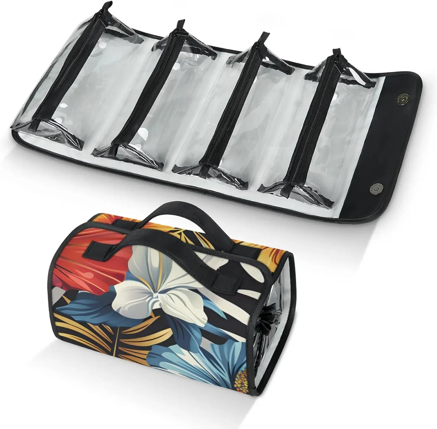 Tropical Palm Trees and Plant Flowers Travel Toiletry Bag for Women, 4 in 1 Roll Up Makeup Cosmetic Bag With 4 Removable PVC Zipper Pouch