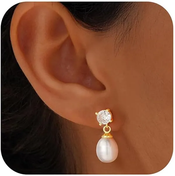 Turandoss Gold Pearl Earrings for Women Trendy - 14K Gold Plated Hypoallergenic Pearl Stud Earrings Set Huggie Drop Dangle Earring Jewelry for Women Girls