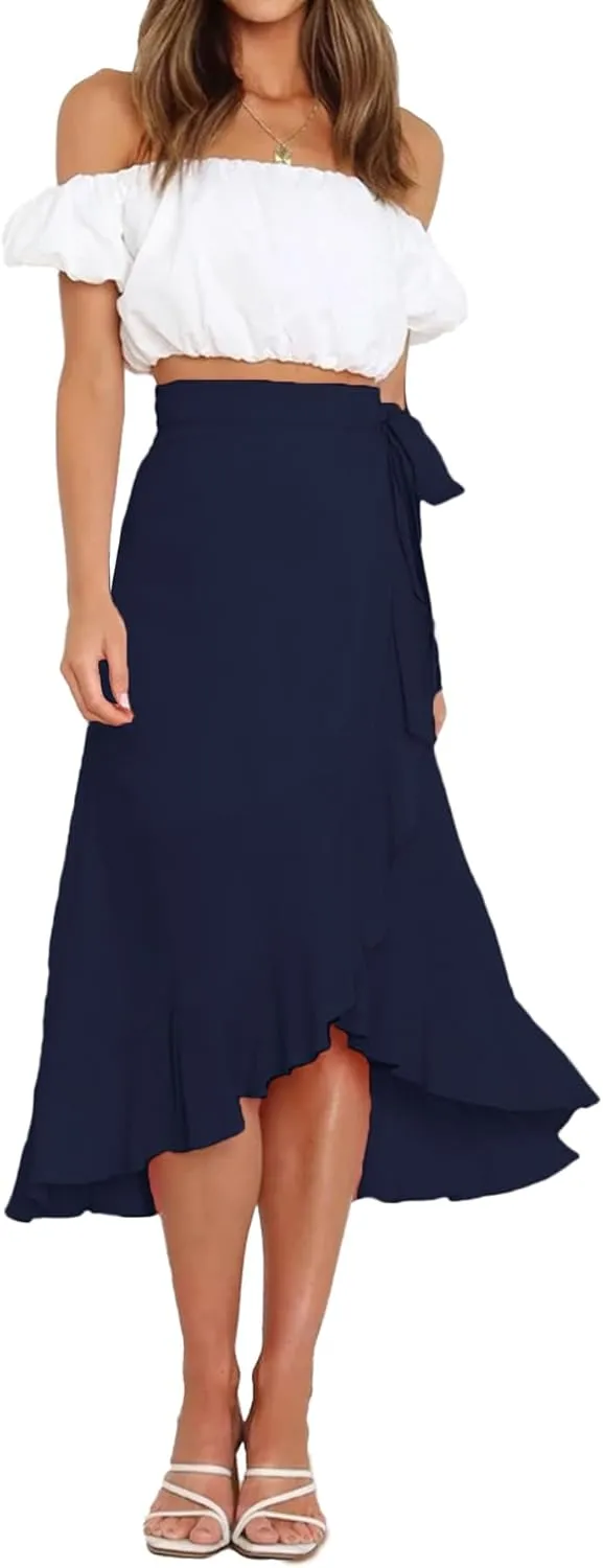Umenlele Women's Casual Tie waist Asymmetric Swing Ruffle Wrap Hem Flowy Mid Skirt