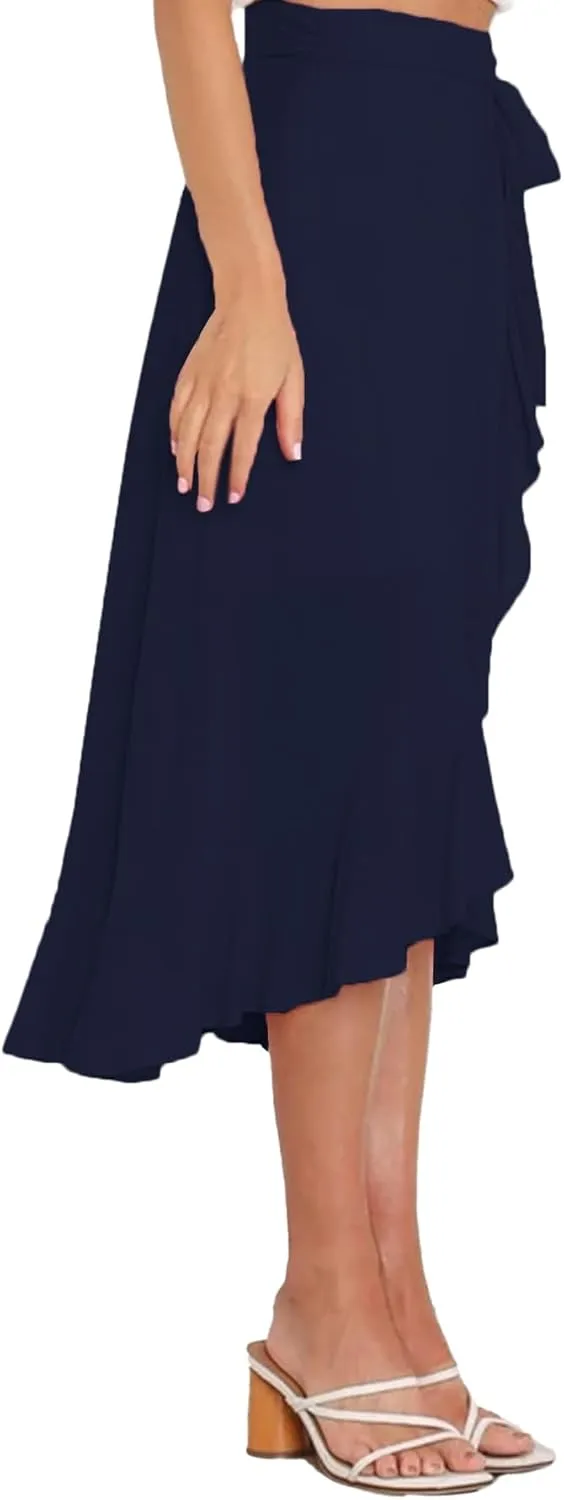 Umenlele Women's Casual Tie waist Asymmetric Swing Ruffle Wrap Hem Flowy Mid Skirt