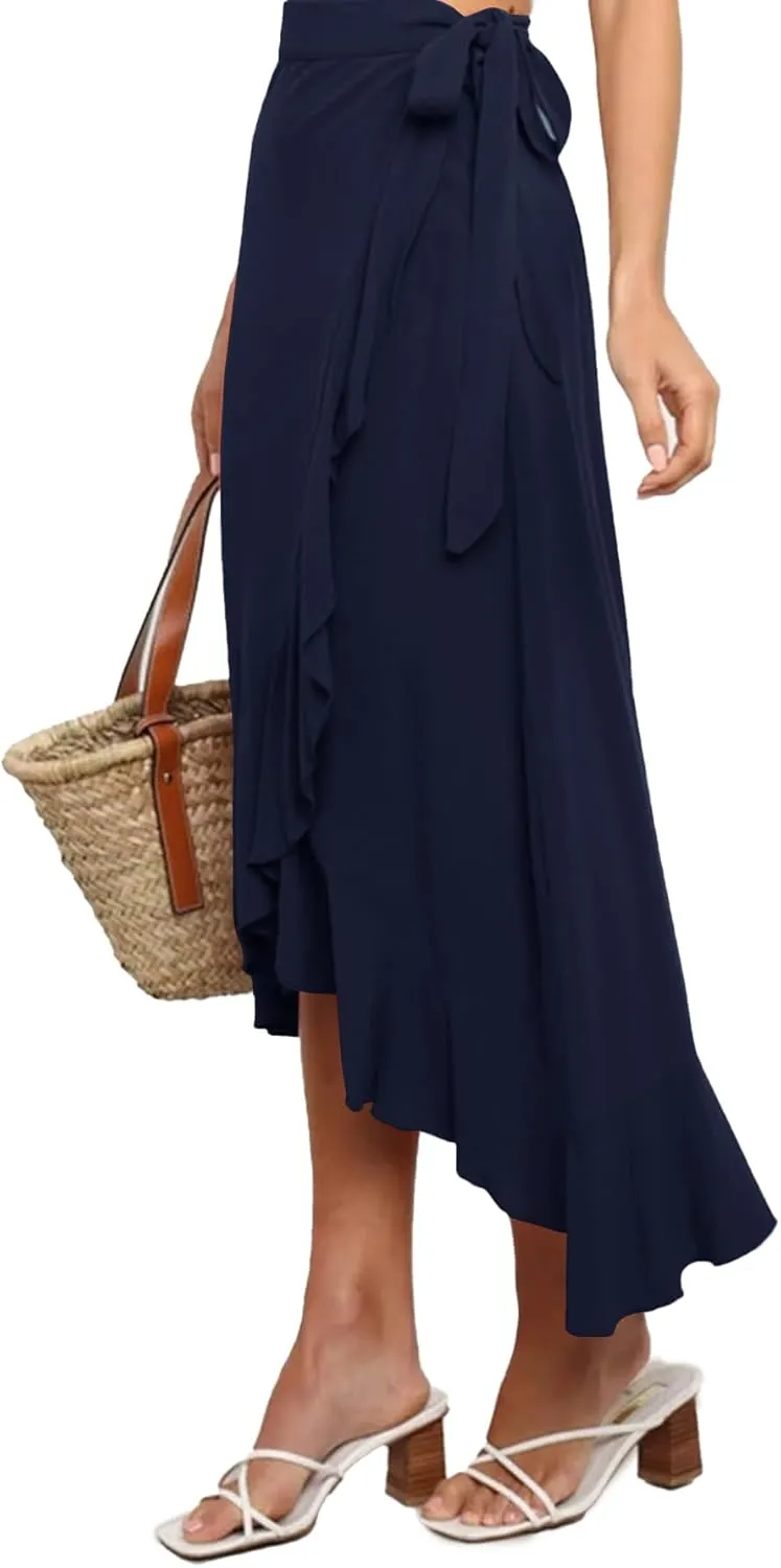Umenlele Women's Casual Tie waist Asymmetric Swing Ruffle Wrap Hem Flowy Mid Skirt