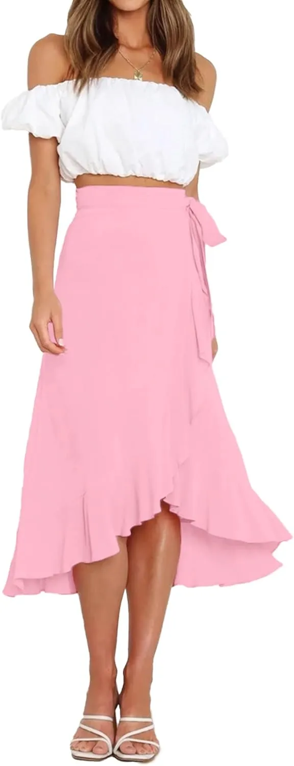 Umenlele Women's Casual Tie waist Asymmetric Swing Ruffle Wrap Hem Flowy Mid Skirt