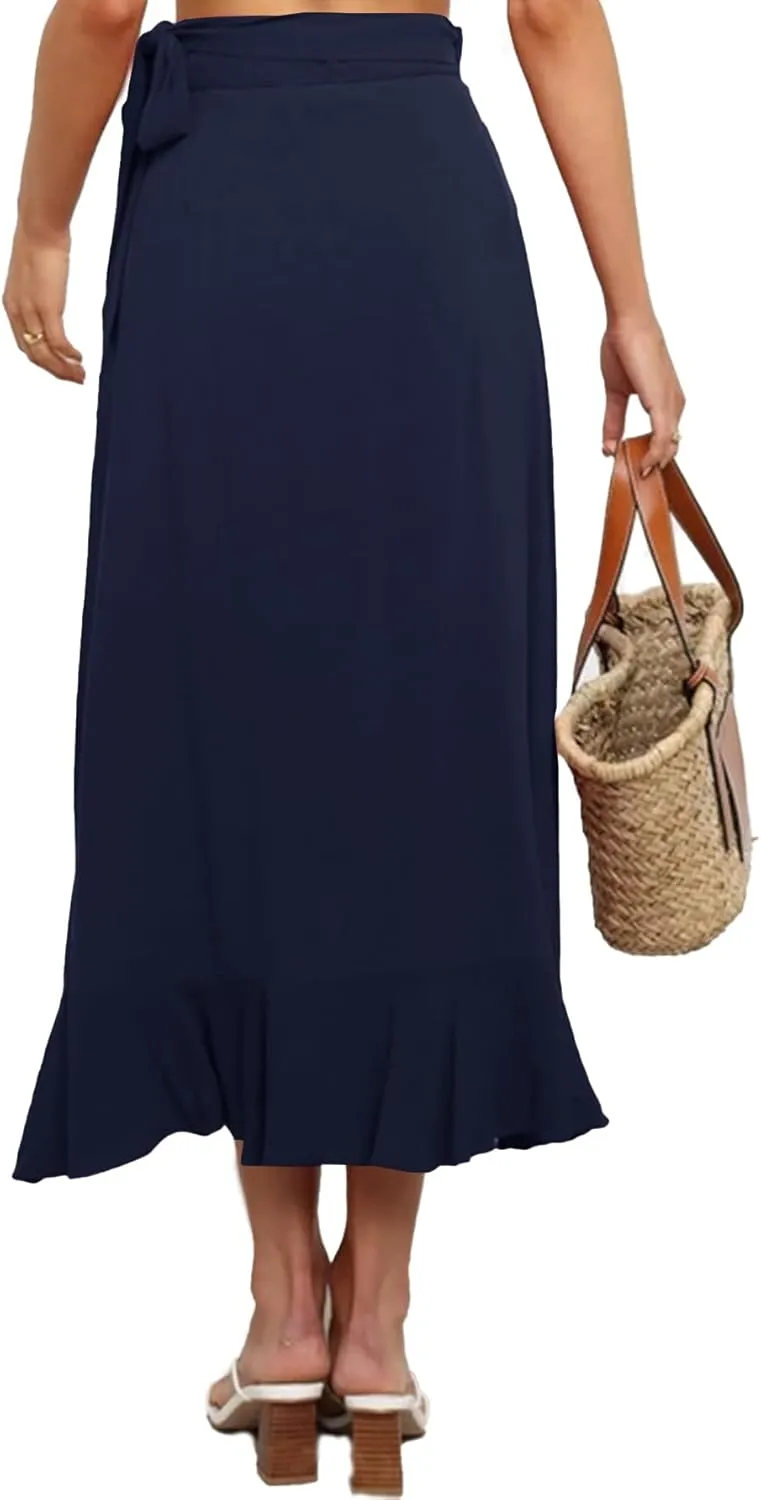 Umenlele Women's Casual Tie waist Asymmetric Swing Ruffle Wrap Hem Flowy Mid Skirt