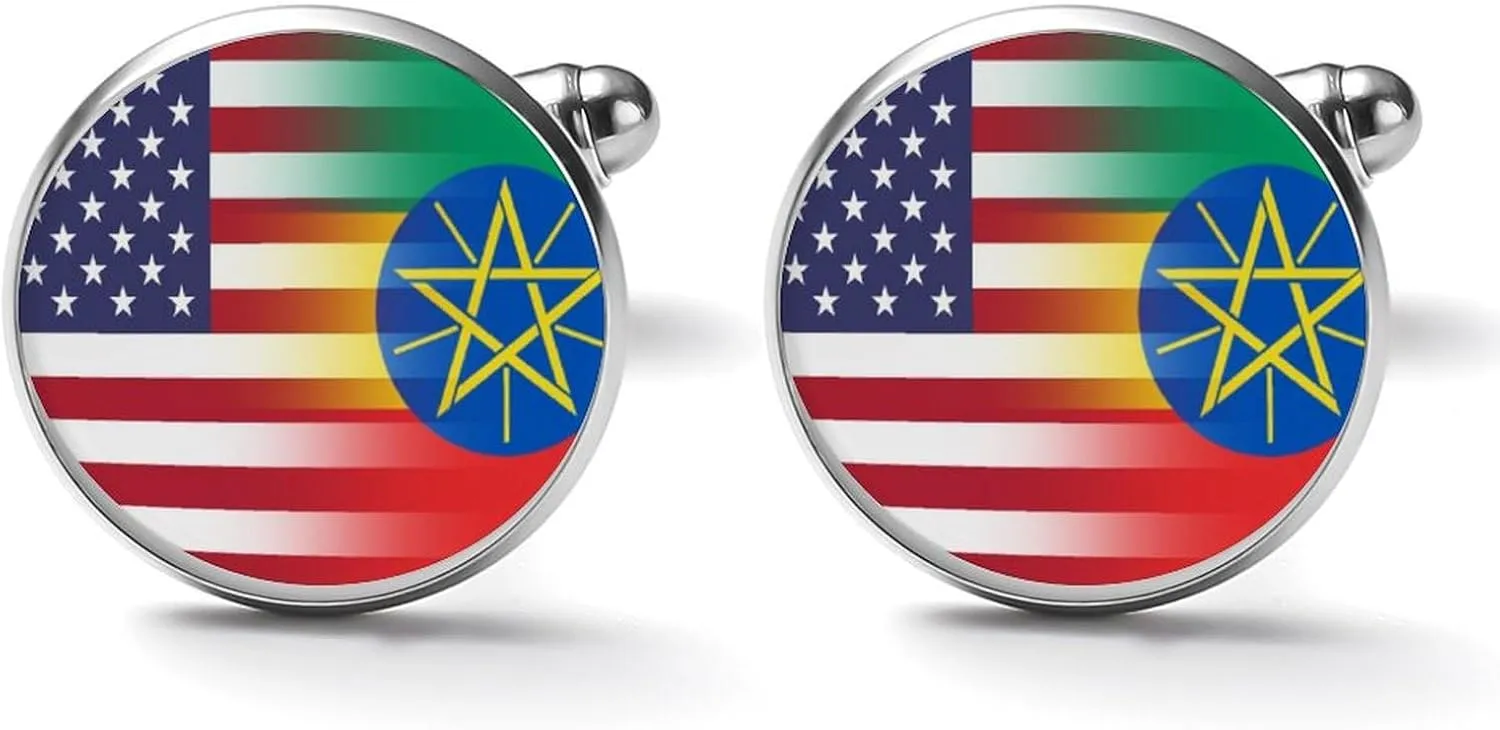 U.S.A Ethiopia Flag Cufflinks for Men Round Cuff Links Tuxedo Shirts for Business Wedding Formal Suit