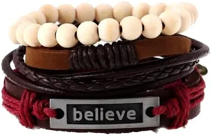 Vintage Handmade Metal Engraved Believe Wrap Bracelets Multilayer Set Leather Bracelets With Braided Rope