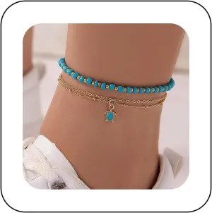 Vintage Layered Turquoise Ankle Bracelet Blue Turtle Dangle Anklet Turquoise Chain Anklet Summer Beach Foot Chain Jewellery for Women