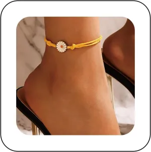 Vintage White Daisy Anklet Daisy Flower Anklet Bracelet Boho Layered Cord Flower Anklet Bracelet Yellow Cord Anklet Foot Chain Jewellery for Women
