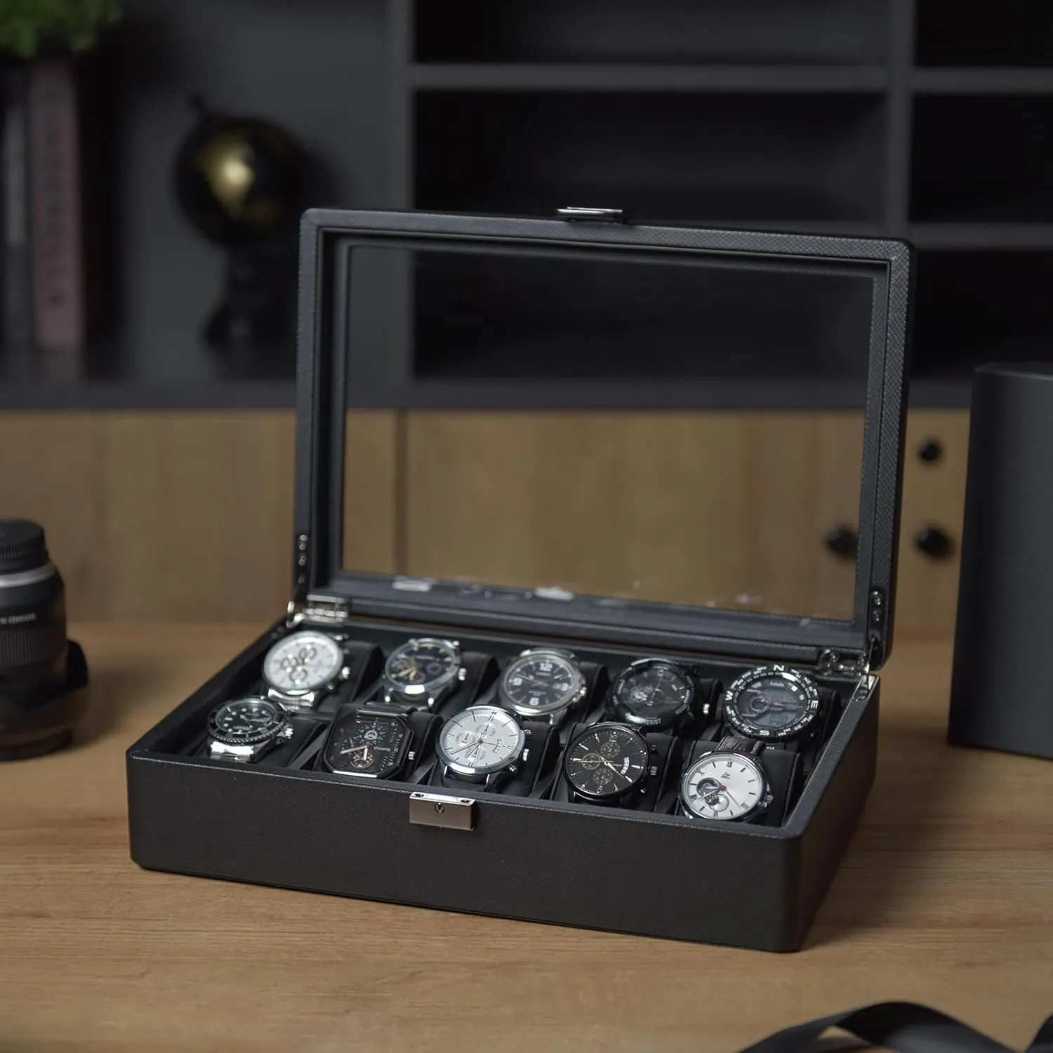 Vlando 10-Slots Watch Cases for Men, Watch Box with Large Glass Lid, Lockable, Business Textured Leather, 52mm Large Soft Pillow, Gift for Fathers, Husband, Friend, Black