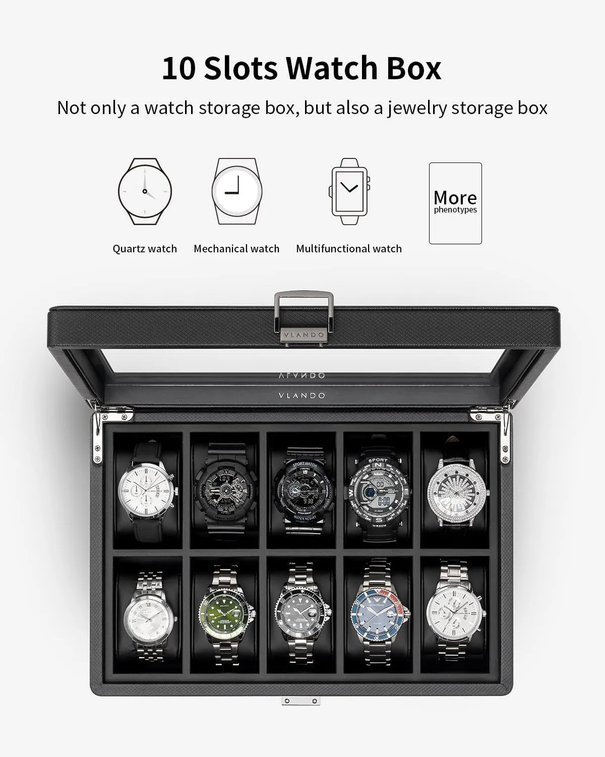 Vlando 10-Slots Watch Cases for Men, Watch Box with Large Glass Lid, Lockable, Business Textured Leather, 52mm Large Soft Pillow, Gift for Fathers, Husband, Friend, Black