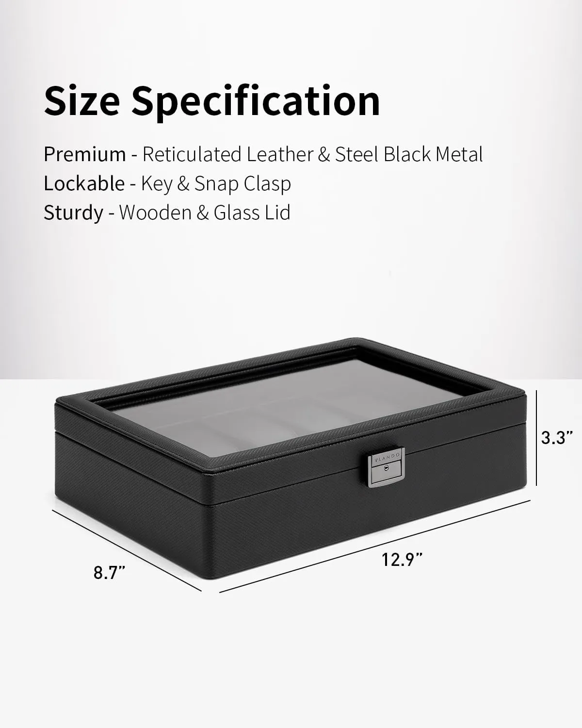 Vlando 10-Slots Watch Cases for Men, Watch Box with Large Glass Lid, Lockable, Business Textured Leather, 52mm Large Soft Pillow, Gift for Fathers, Husband, Friend, Black