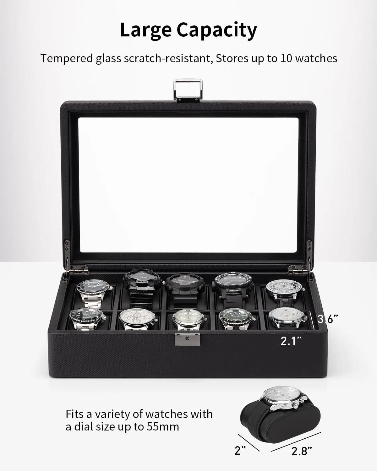 Vlando 10-Slots Watch Cases for Men, Watch Box with Large Glass Lid, Lockable, Business Textured Leather, 52mm Large Soft Pillow, Gift for Fathers, Husband, Friend, Black