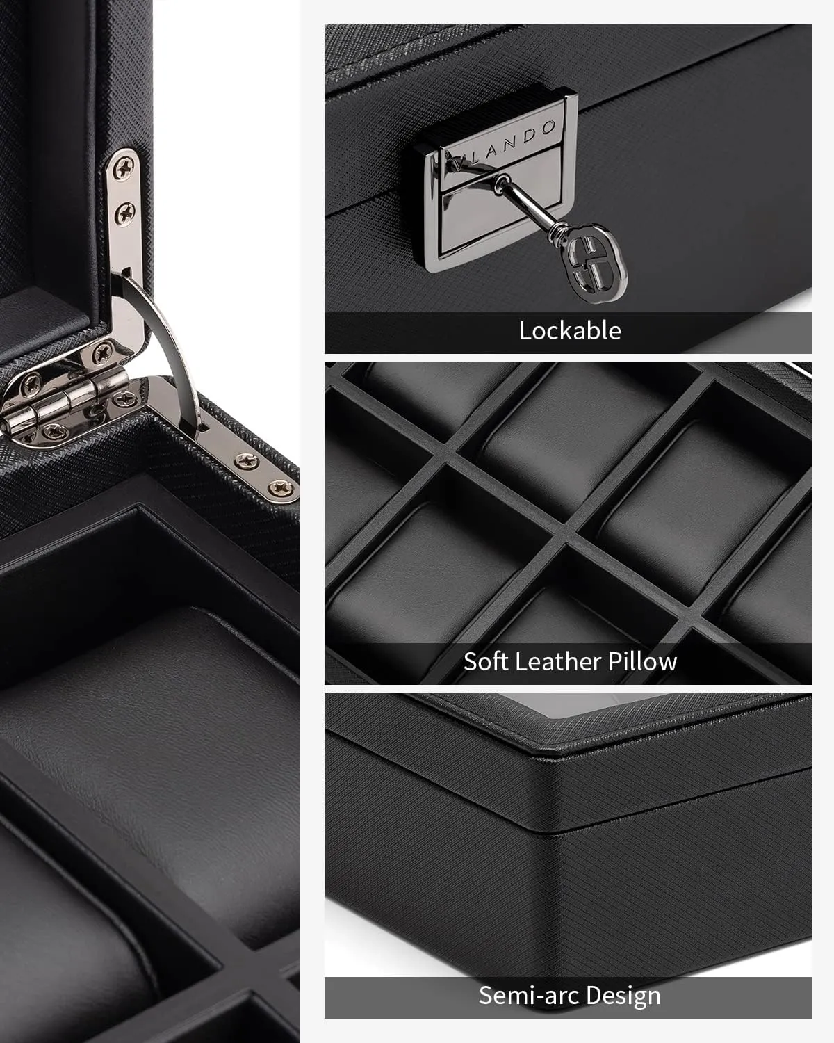 Vlando 10-Slots Watch Cases for Men, Watch Box with Large Glass Lid, Lockable, Business Textured Leather, 52mm Large Soft Pillow, Gift for Fathers, Husband, Friend, Black