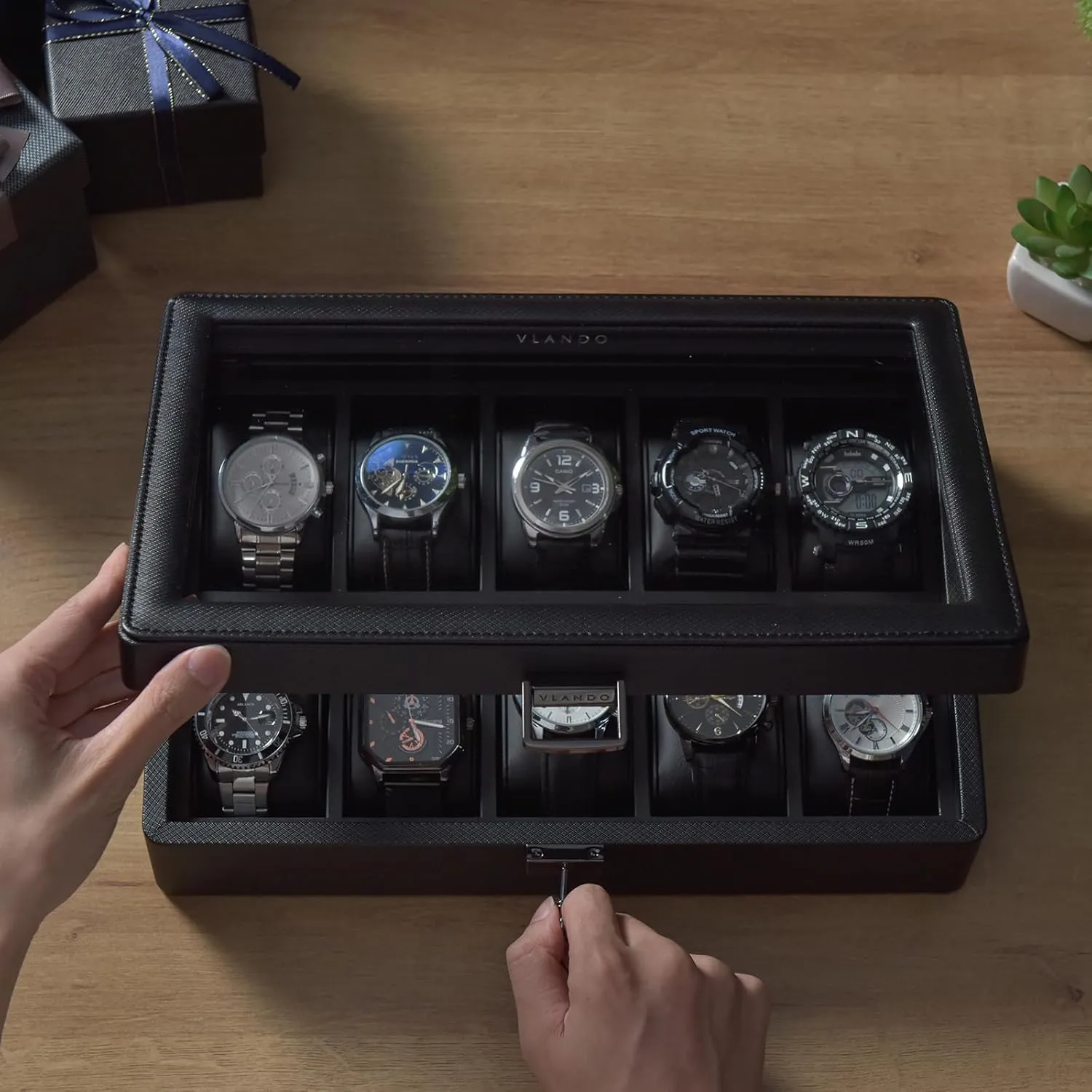 Vlando 10-Slots Watch Cases for Men, Watch Box with Large Glass Lid, Lockable, Business Textured Leather, 52mm Large Soft Pillow, Gift for Fathers, Husband, Friend, Black