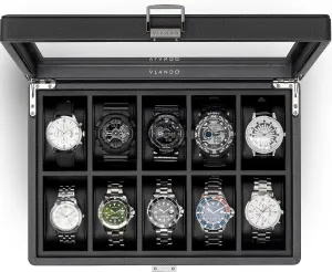 Vlando 10-Slots Watch Cases for Men, Watch Box with Large Glass Lid, Lockable, Business Textured Leather, 52mm Large Soft Pillow, Gift for Fathers, Husband, Friend, Black