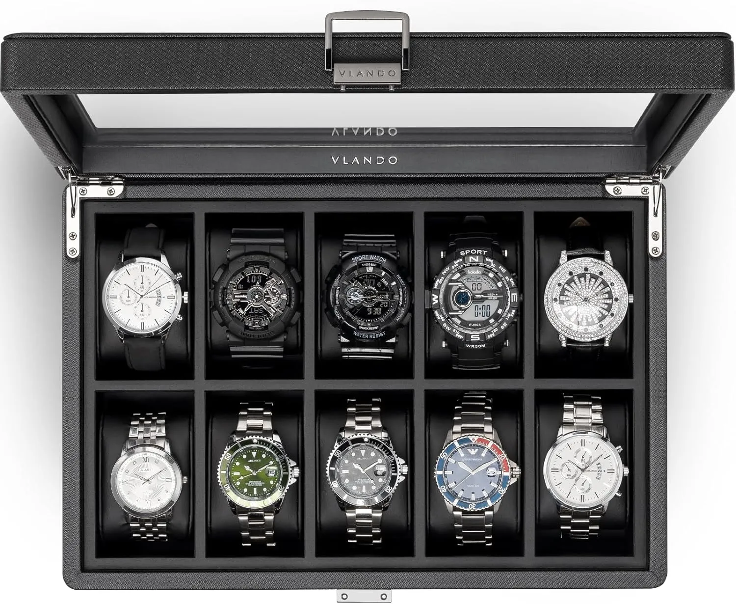 Vlando 10-Slots Watch Cases for Men, Watch Box with Large Glass Lid, Lockable, Business Textured Leather, 52mm Large Soft Pillow, Gift for Fathers, Husband, Friend, Black