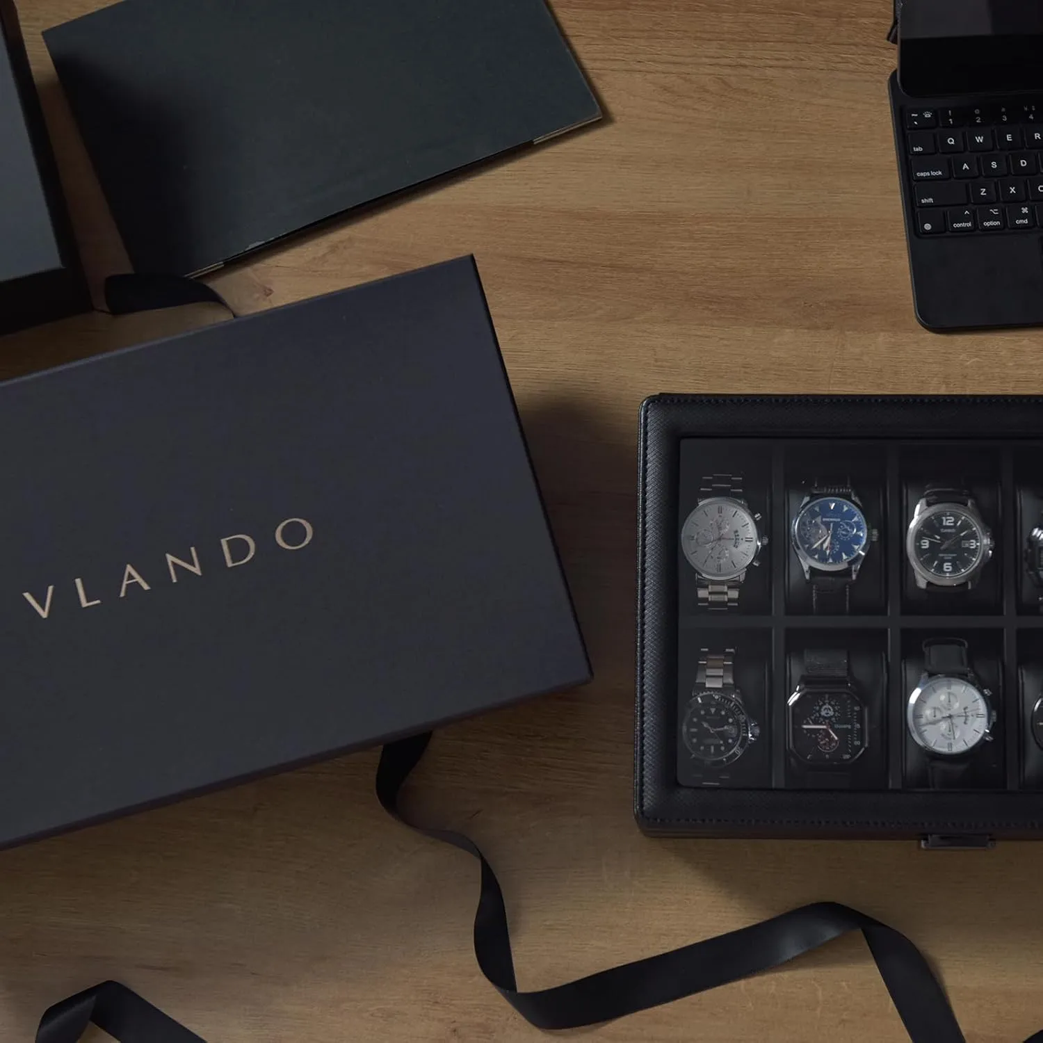 Vlando 10-Slots Watch Cases for Men, Watch Box with Large Glass Lid, Lockable, Business Textured Leather, 52mm Large Soft Pillow, Gift for Fathers, Husband, Friend, Black