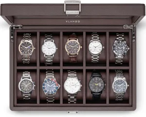 Vlando 10-Slots Watch Cases for Men, Watch Box with Large Glass Lid, Lockable, Business Textured Leather, 52mm Large Soft Pillow, Gift for Fathers, Husband, Friend, Brown