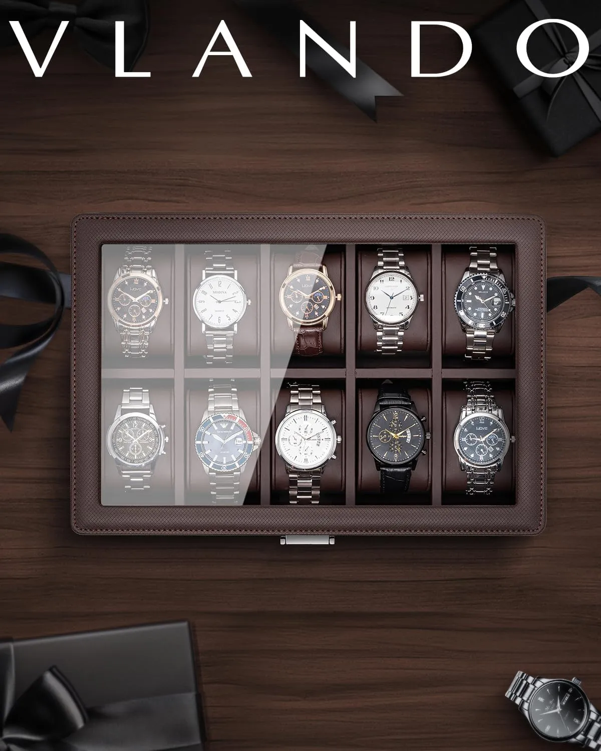 Vlando 10-Slots Watch Cases for Men, Watch Box with Large Glass Lid, Lockable, Business Textured Leather, 52mm Large Soft Pillow, Gift for Fathers, Husband, Friend, Brown