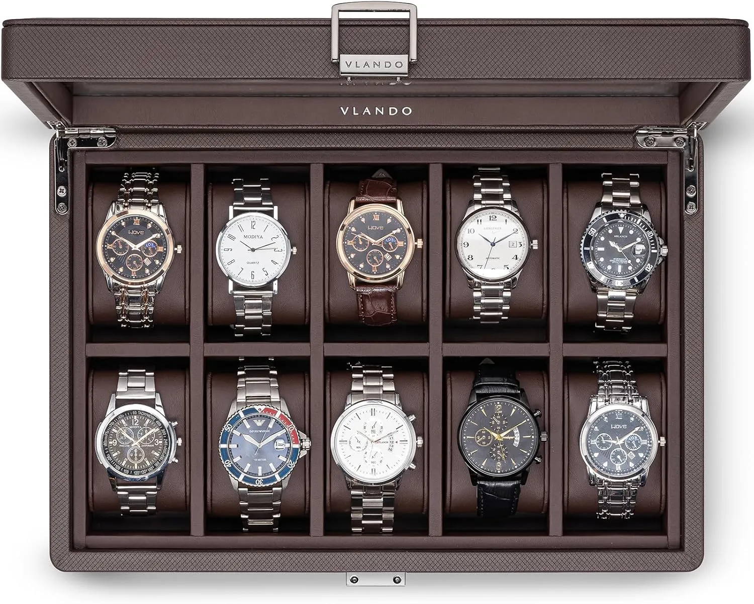Vlando 10-Slots Watch Cases for Men, Watch Box with Large Glass Lid, Lockable, Business Textured Leather, 52mm Large Soft Pillow, Gift for Fathers, Husband, Friend, Brown