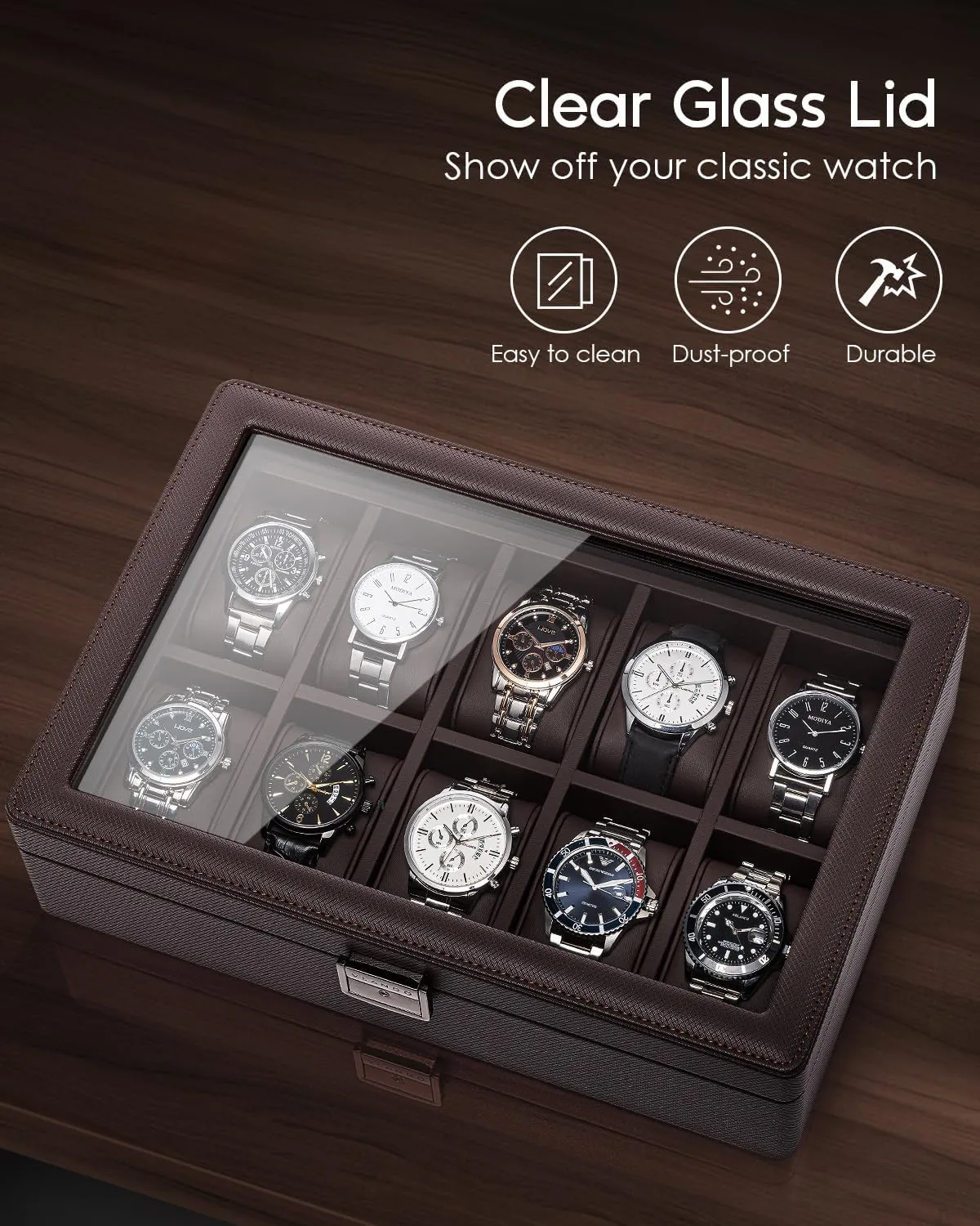 Vlando 10-Slots Watch Cases for Men, Watch Box with Large Glass Lid, Lockable, Business Textured Leather, 52mm Large Soft Pillow, Gift for Fathers, Husband, Friend, Brown