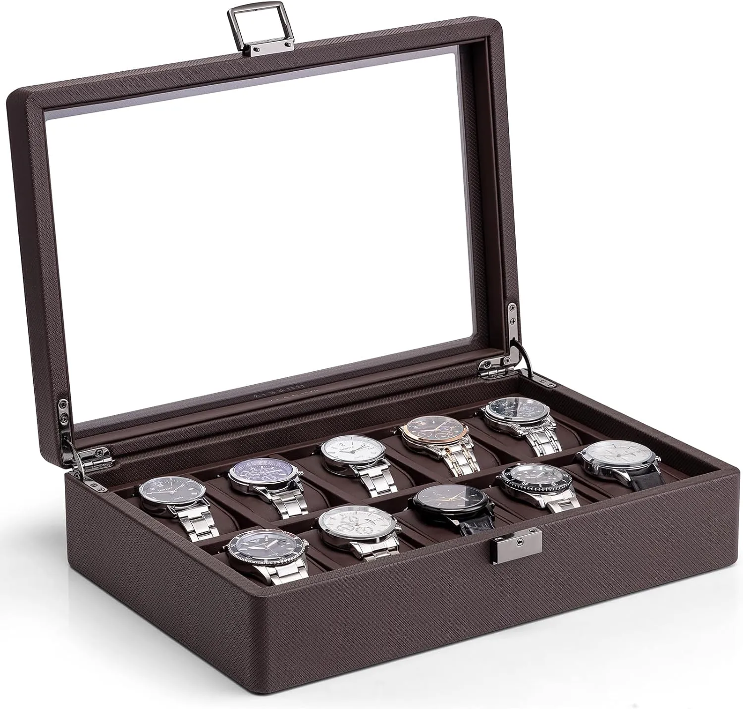 Vlando 10-Slots Watch Cases for Men, Watch Box with Large Glass Lid, Lockable, Business Textured Leather, 52mm Large Soft Pillow, Gift for Fathers, Husband, Friend, Brown