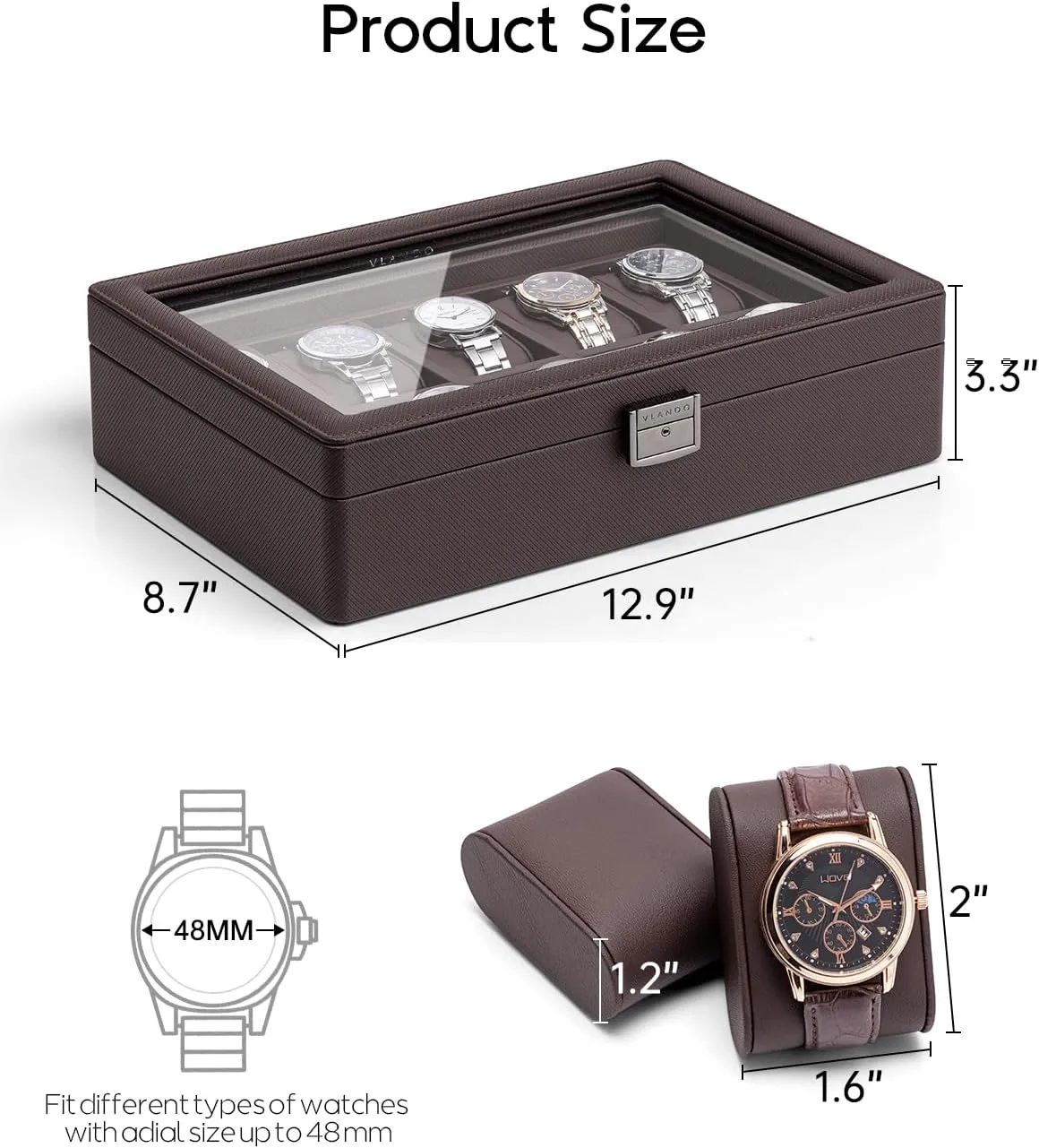 Vlando 10-Slots Watch Cases for Men, Watch Box with Large Glass Lid, Lockable, Business Textured Leather, 52mm Large Soft Pillow, Gift for Fathers, Husband, Friend, Brown