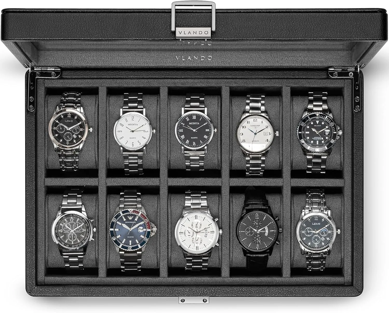 Vlando 10-Slots Watch Cases for Men, Watch Box with Large Glass Lid, Lockable, Business Textured Leather, 52mm Large Soft Pillow, Gift for Fathers, Husband, Friend, Grey