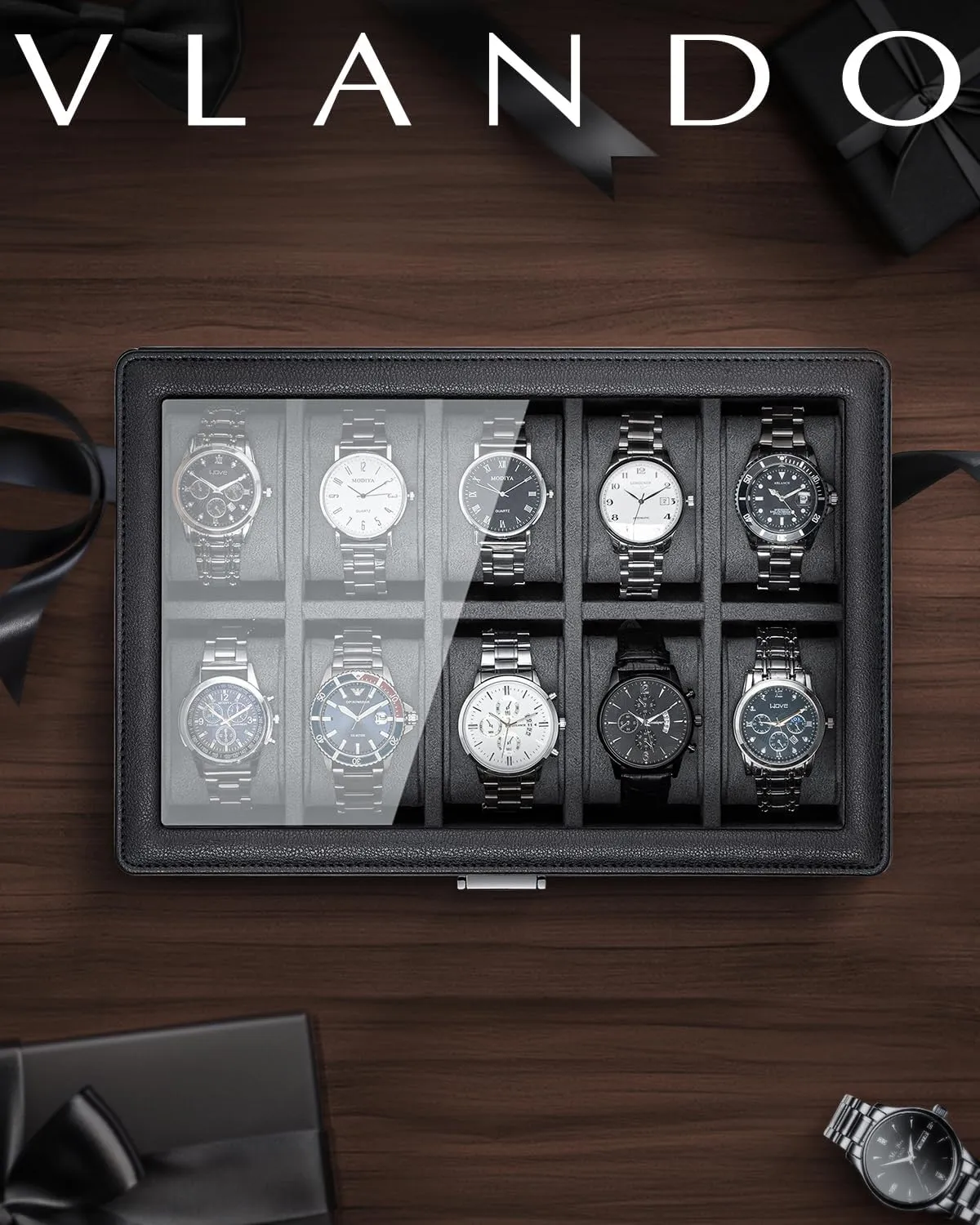 Vlando 10-Slots Watch Cases for Men, Watch Box with Large Glass Lid, Lockable, Business Textured Leather, 52mm Large Soft Pillow, Gift for Fathers, Husband, Friend, Grey