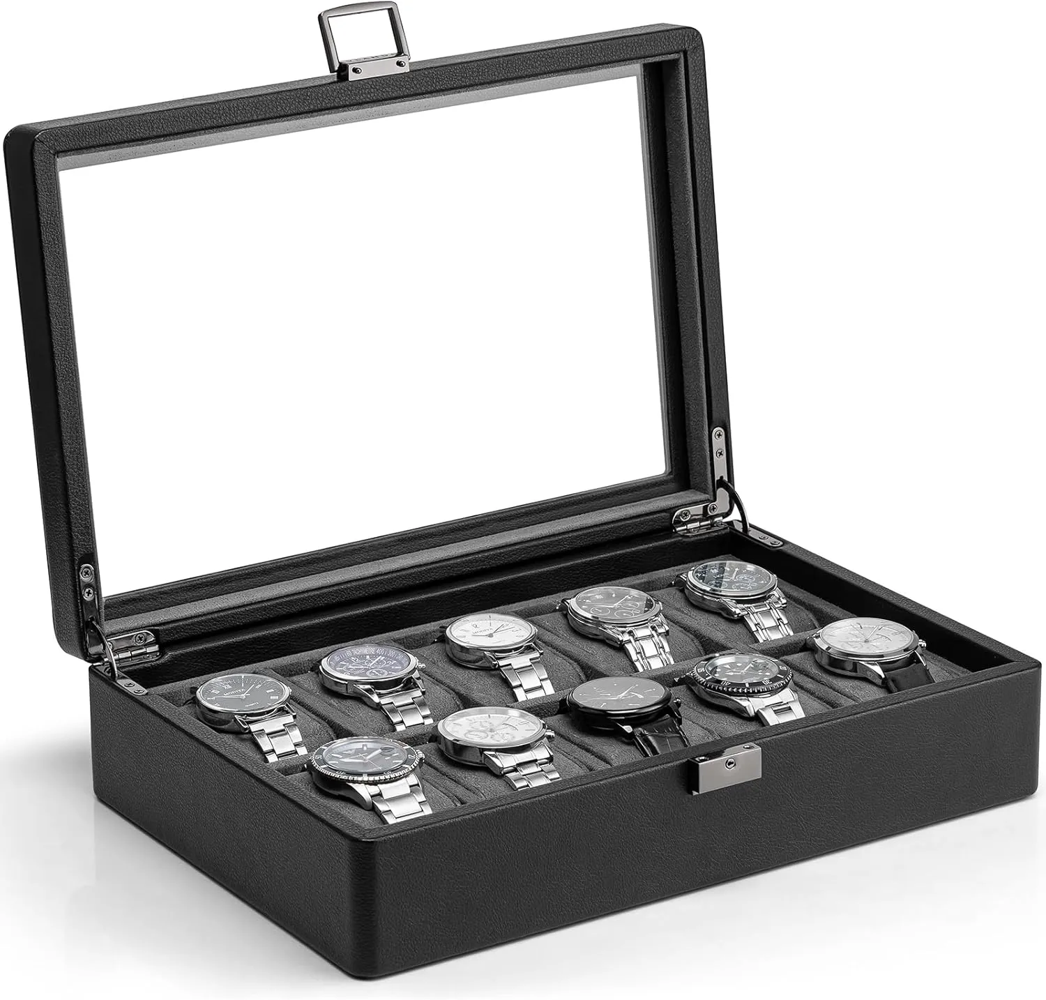 Vlando 10-Slots Watch Cases for Men, Watch Box with Large Glass Lid, Lockable, Business Textured Leather, 52mm Large Soft Pillow, Gift for Fathers, Husband, Friend, Grey