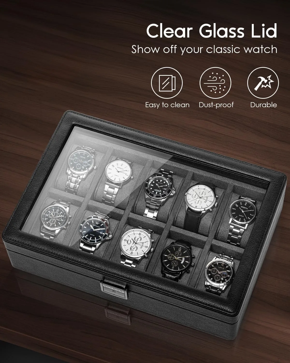 Vlando 10-Slots Watch Cases for Men, Watch Box with Large Glass Lid, Lockable, Business Textured Leather, 52mm Large Soft Pillow, Gift for Fathers, Husband, Friend, Grey