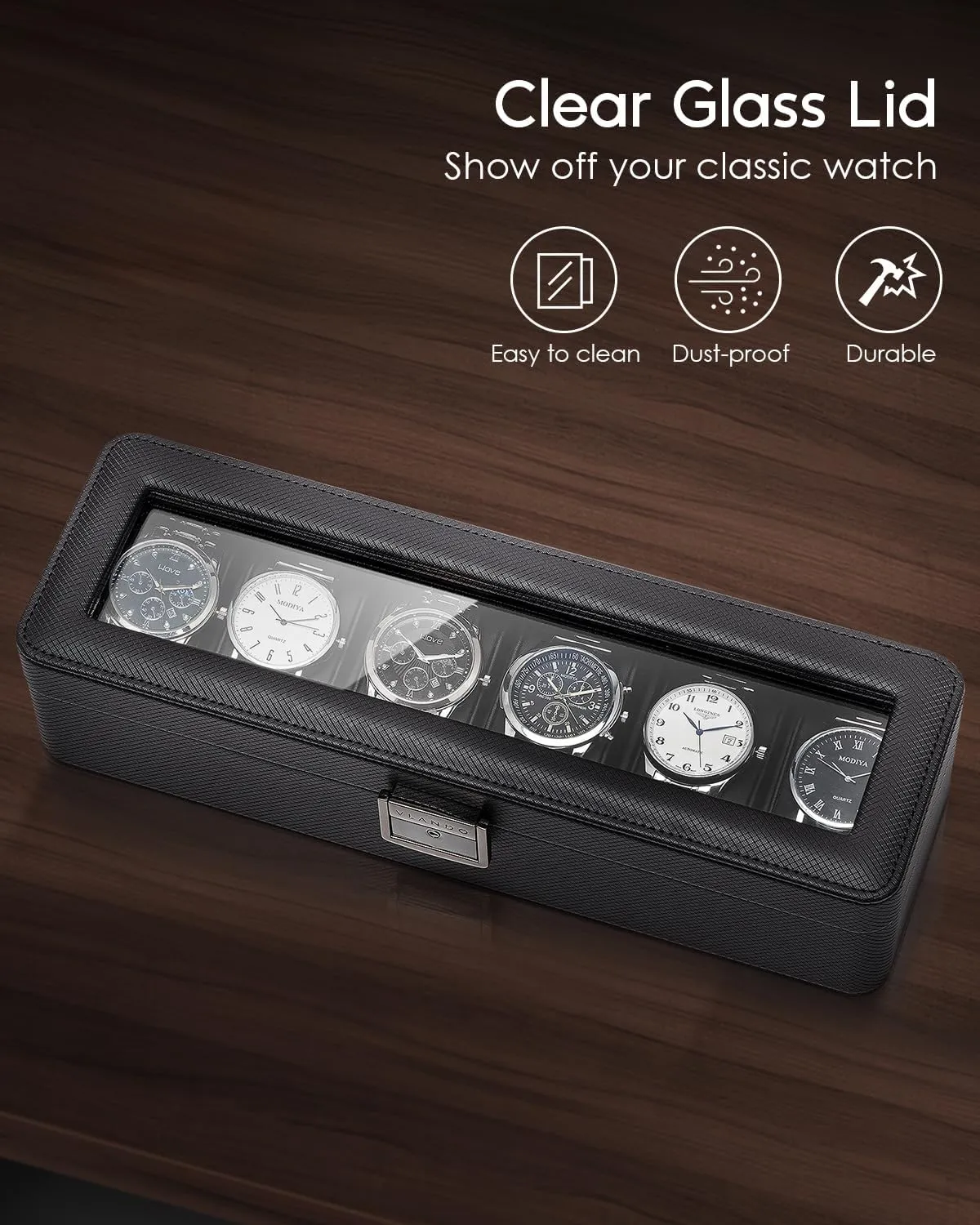 Vlando Watch Case for Fathers Day Gifts, 6-Slot Watch Box for Men with Glass Lid, Lockable, Business Textured Leather, Soft Pillow, Gifts for Dad, Husband, Friends - Black