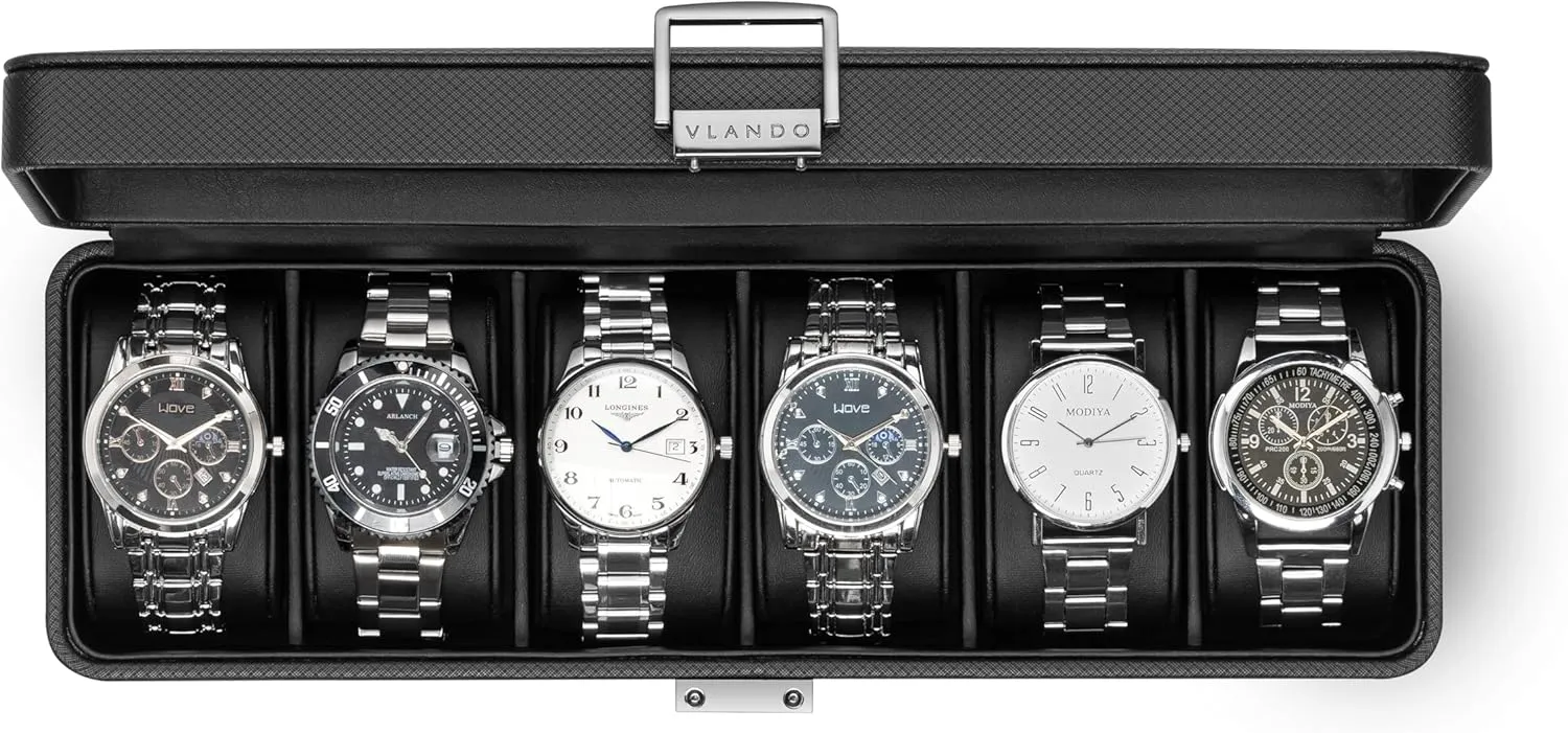 Vlando Watch Case for Fathers Day Gifts, 6-Slot Watch Box for Men with Glass Lid, Lockable, Business Textured Leather, Soft Pillow, Gifts for Dad, Husband, Friends - Black