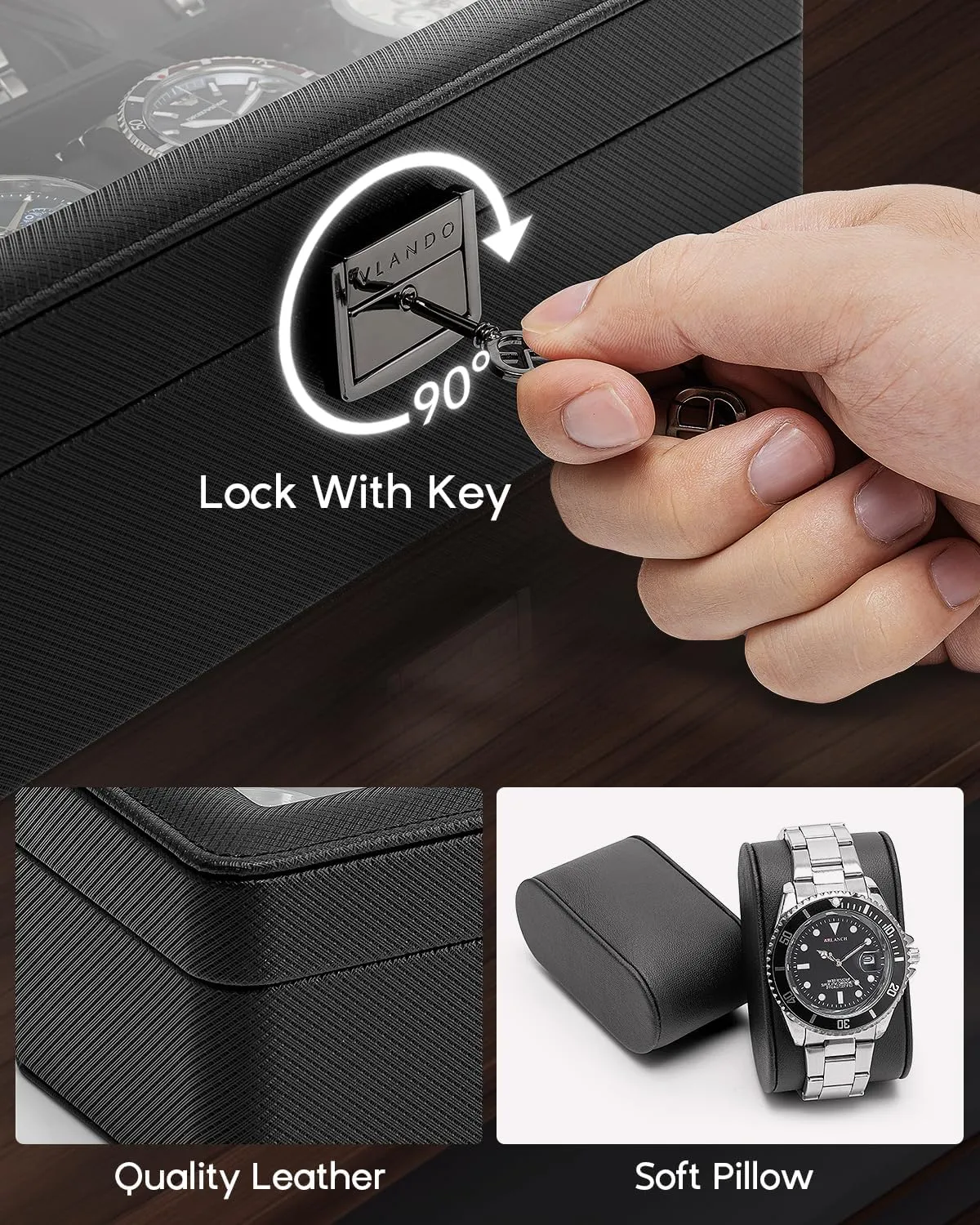 Vlando Watch Case for Fathers Day Gifts, 6-Slot Watch Box for Men with Glass Lid, Lockable, Business Textured Leather, Soft Pillow, Gifts for Dad, Husband, Friends - Black