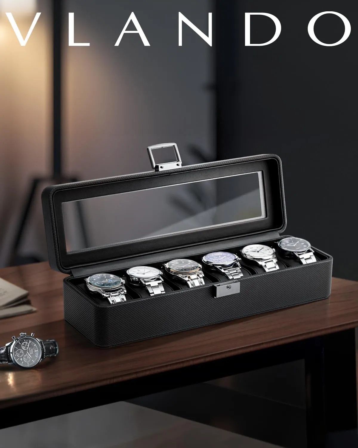 Vlando Watch Case for Fathers Day Gifts, 6-Slot Watch Box for Men with Glass Lid, Lockable, Business Textured Leather, Soft Pillow, Gifts for Dad, Husband, Friends - Black
