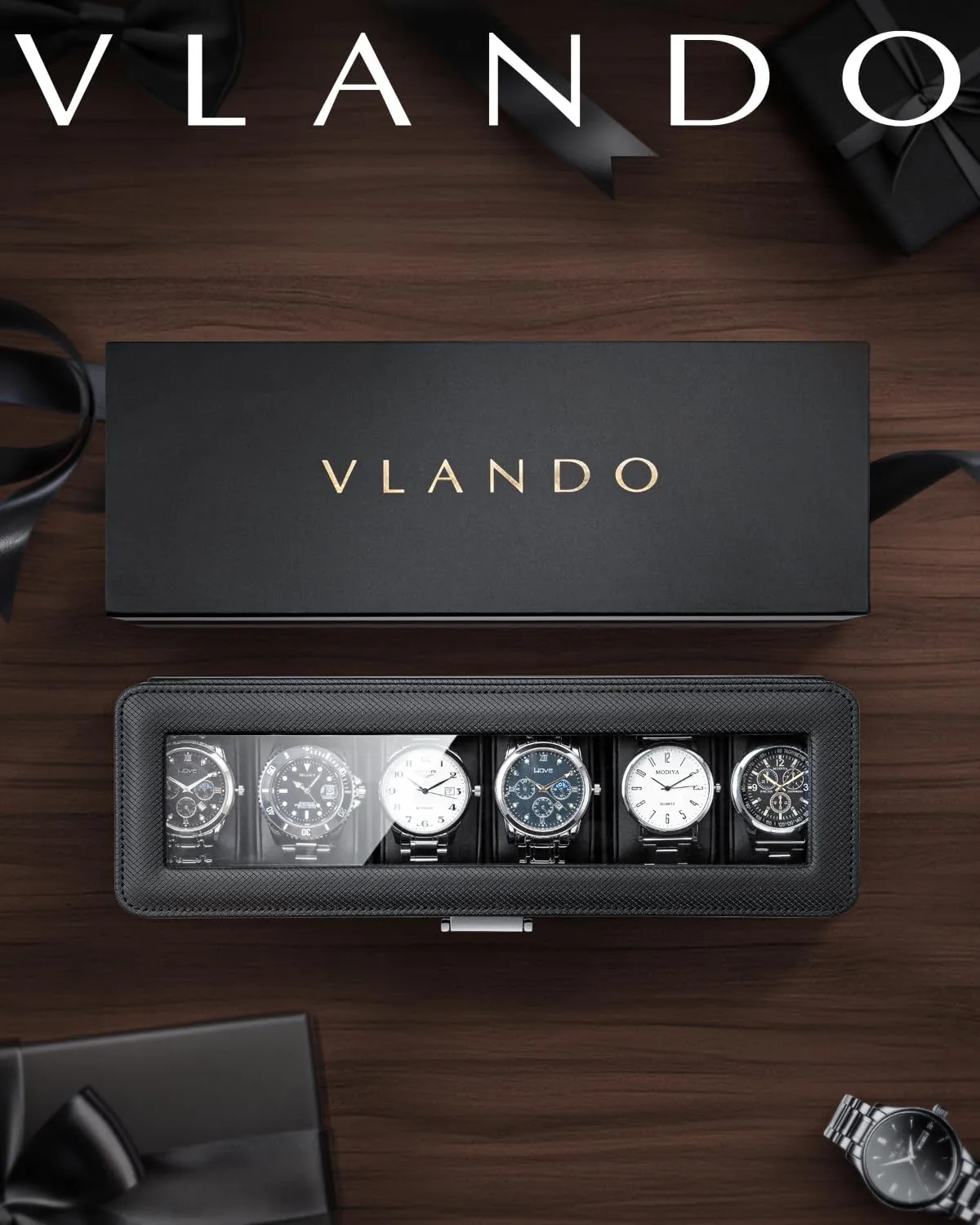 Vlando Watch Case for Fathers Day Gifts, 6-Slot Watch Box for Men with Glass Lid, Lockable, Business Textured Leather, Soft Pillow, Gifts for Dad, Husband, Friends - Black